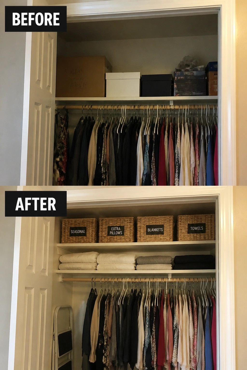 Before and after of cluttered closet reorganized with labeled wicker baskets and folded linens.