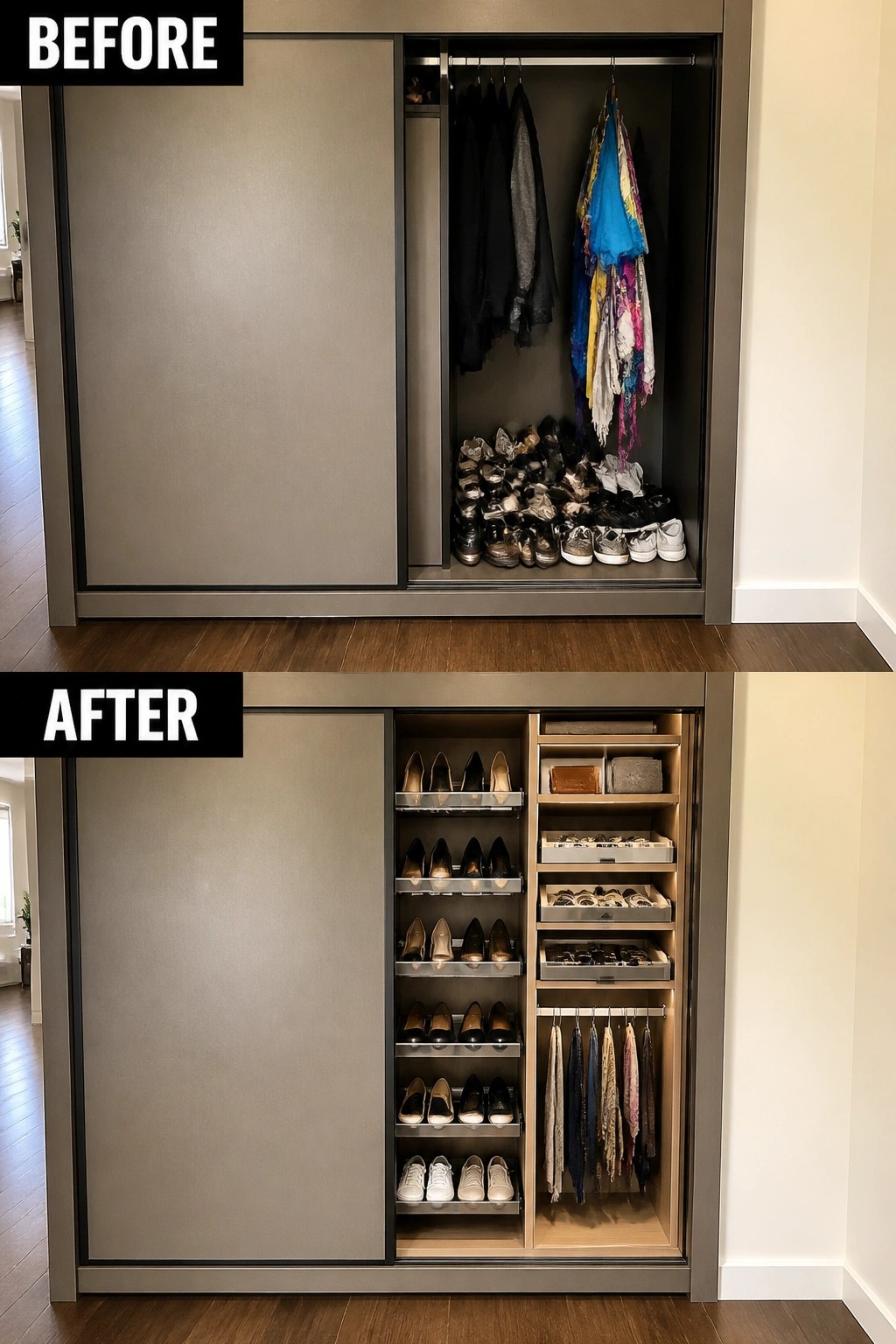Before messy closet piled with shoes and scarves, after organized with shelves and drawers