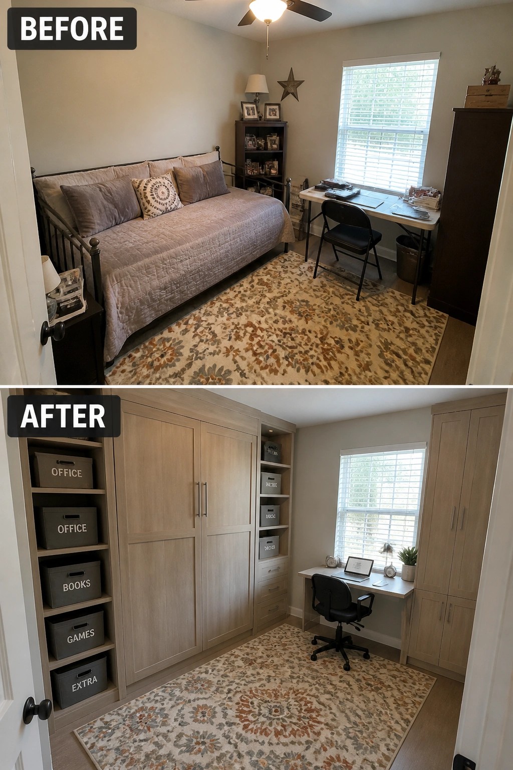 Before and after room makeover replacing bed with built-in cabinets and desk area.