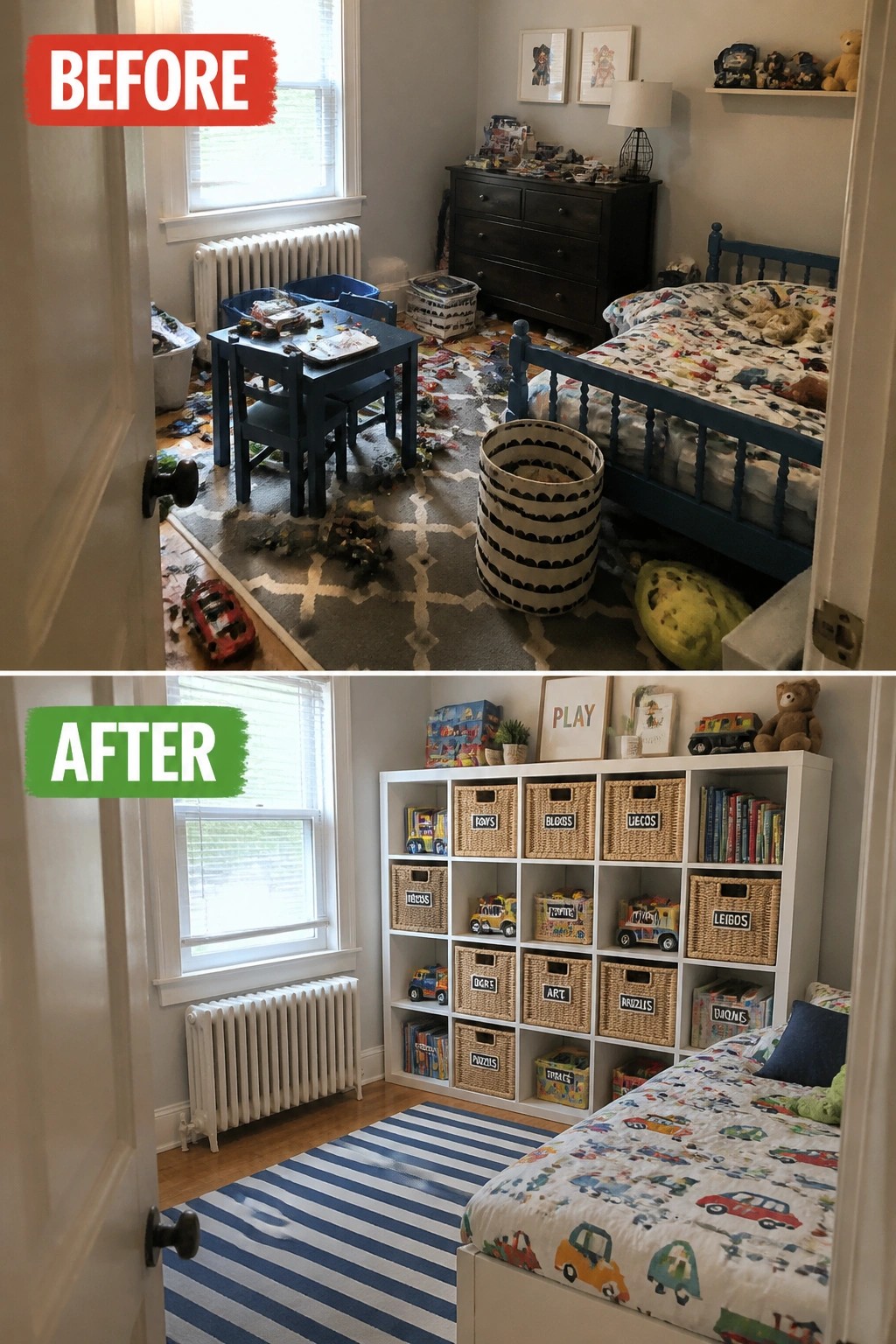 Before-and-after image of a cluttered child's bedroom transformed by a white cubby storage unit with labeled woven baskets.