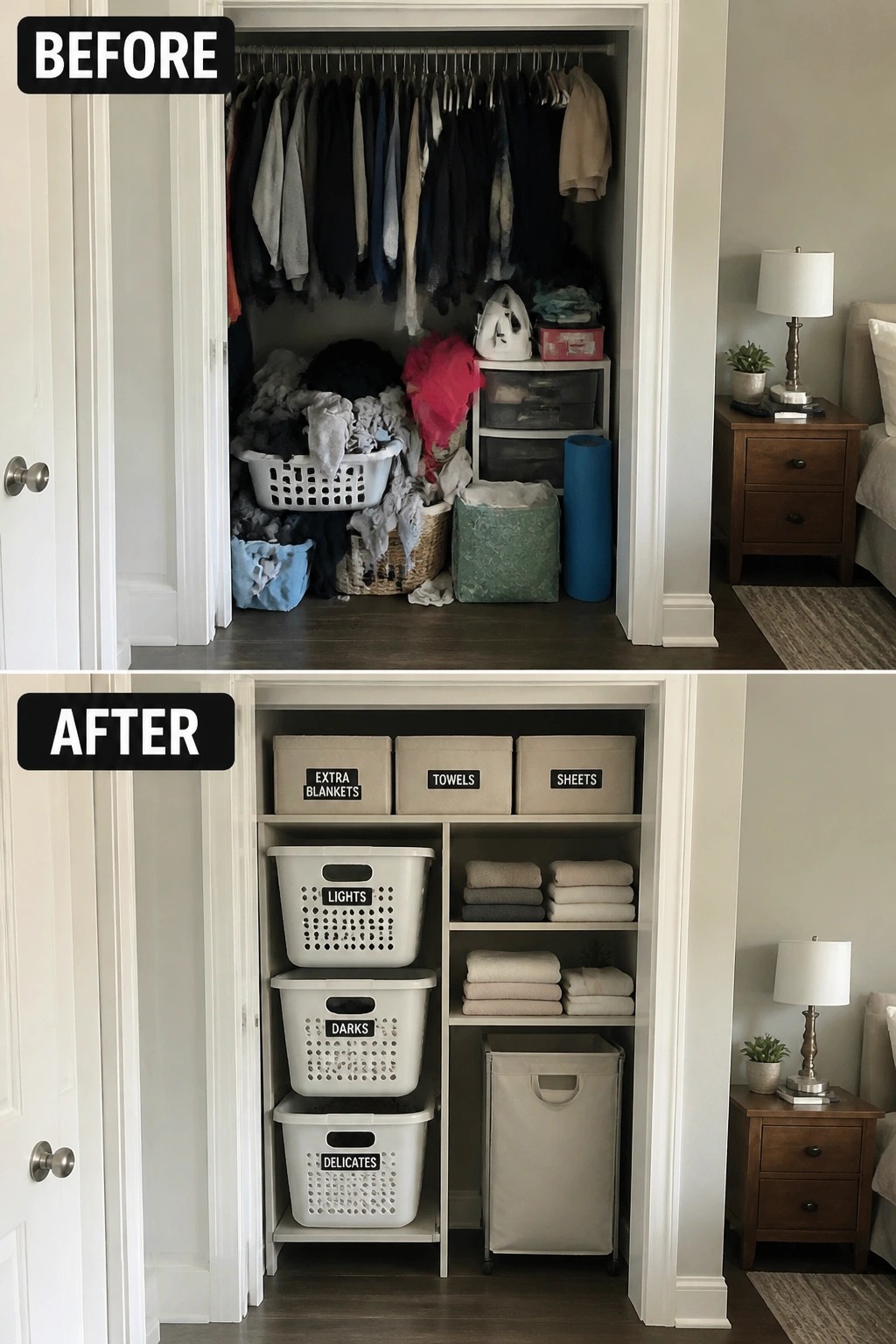 Before-and-after view of messy closet transformed into organized storage with labeled bins.