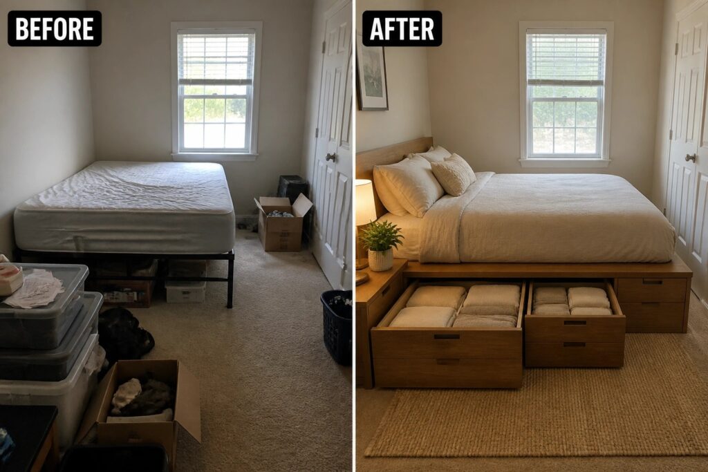 25 Creative Bedroom Before and After Ideas Focused on Better Storage Before and after bedroom with messy metal bed frame versus tidy wooden storage bed.