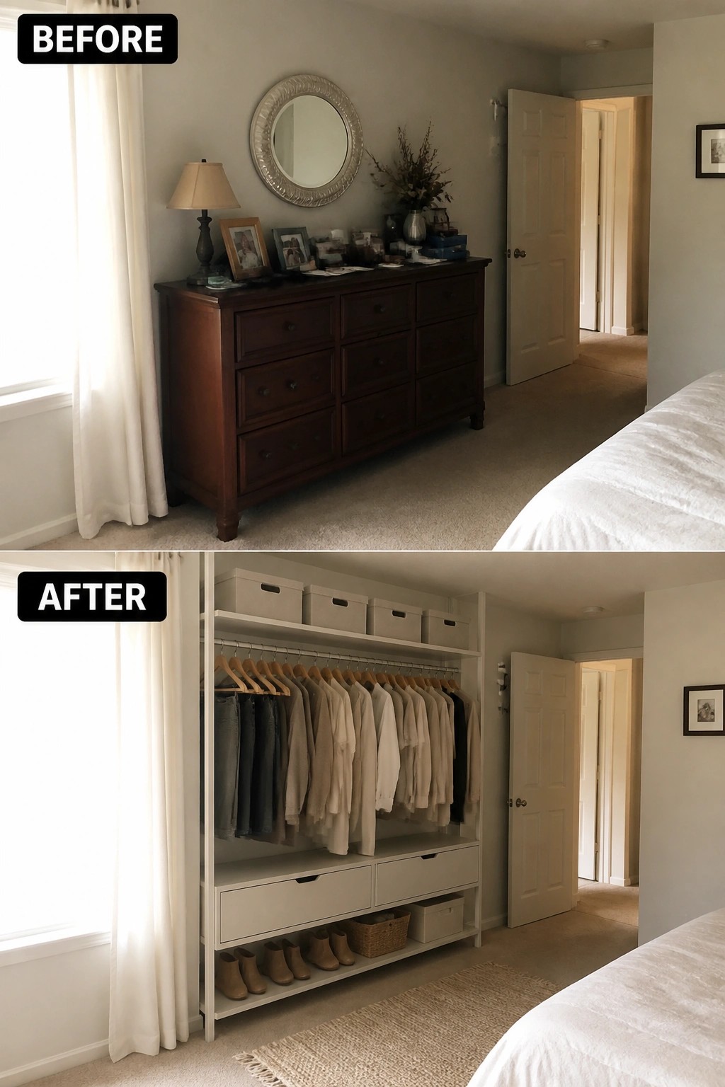 Before and after bedroom with dark dresser replaced by white organized closet system