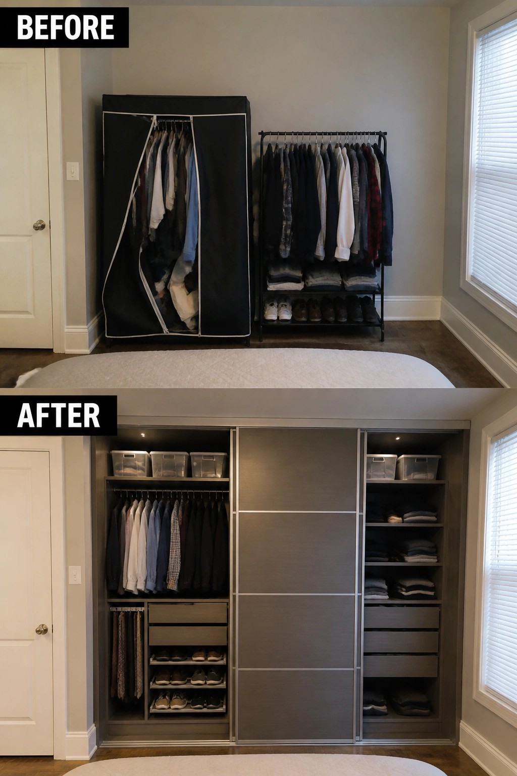 Before cluttered rack and after organized built-in closet with shelves and drawers