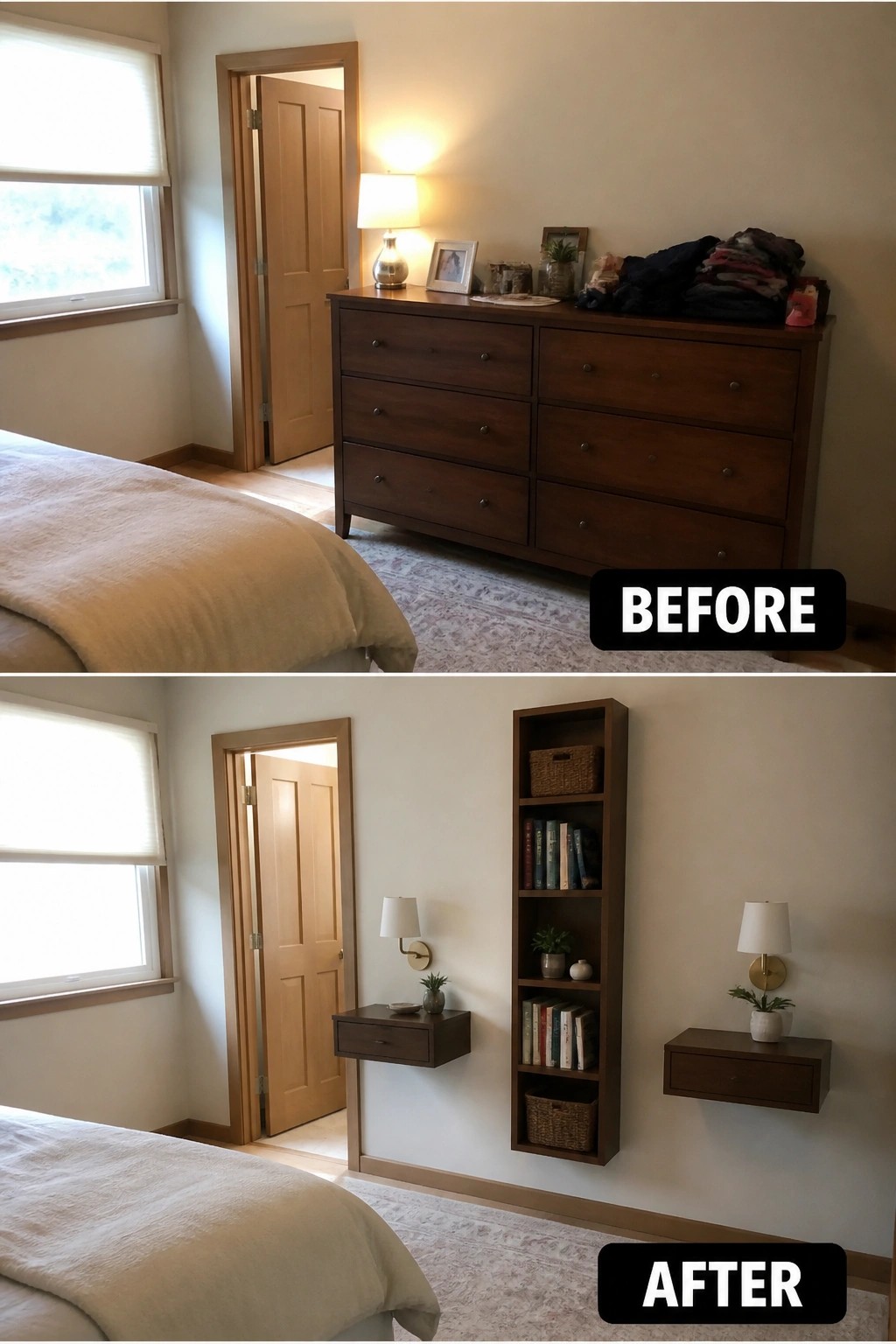 Bedroom before with cluttered dresser and after with wall-mounted shelves and nightstands