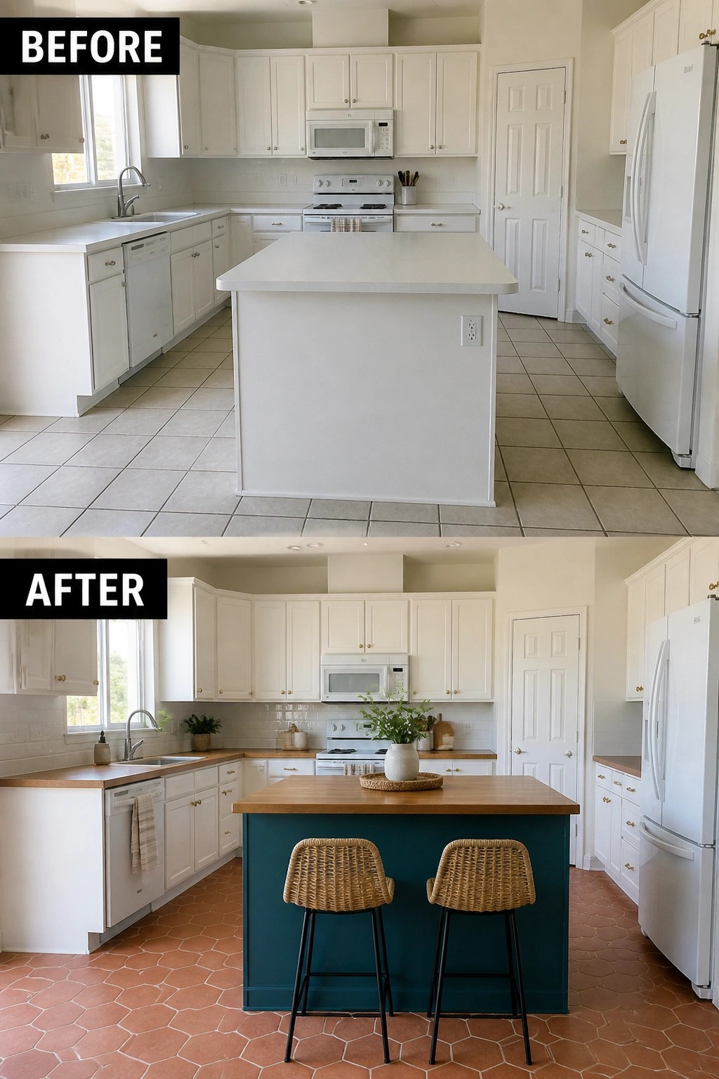 Before and after kitchen with white island above teal island, bar stools and terracotta floor