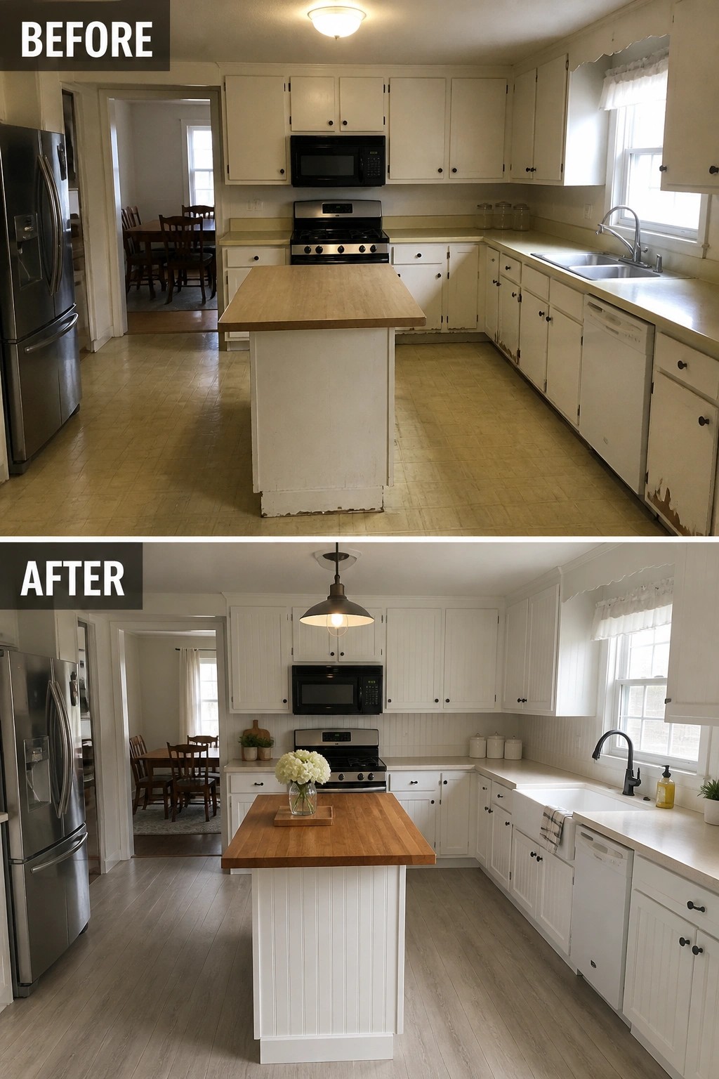 Before-and-after image of a kitchen showing old worn flooring and chipped cabinet finishes updated with new light wood floors and refreshed white cabinetry.