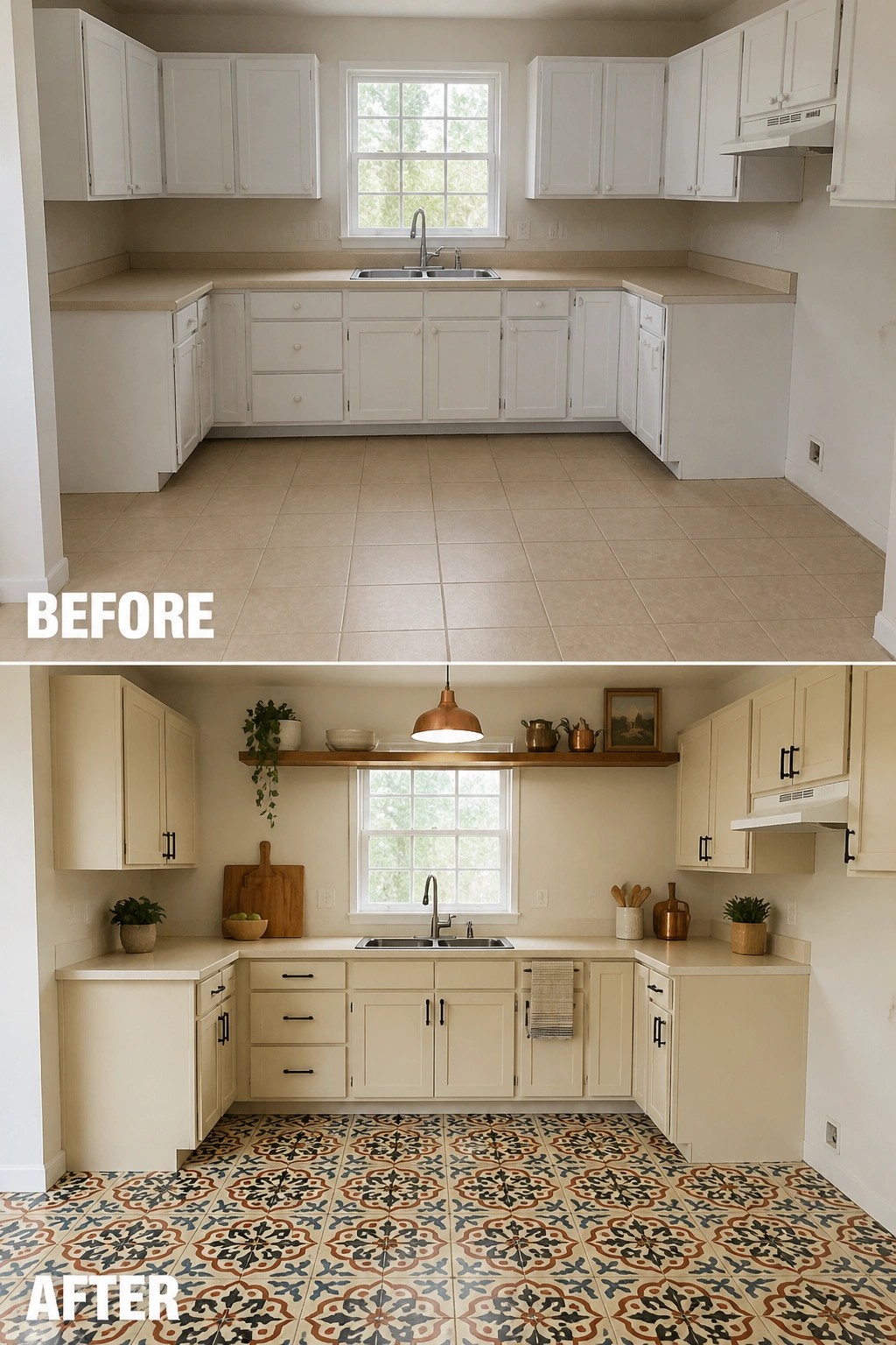 Before and after kitchen remodel with white cabinets versus patterned floor and decor.