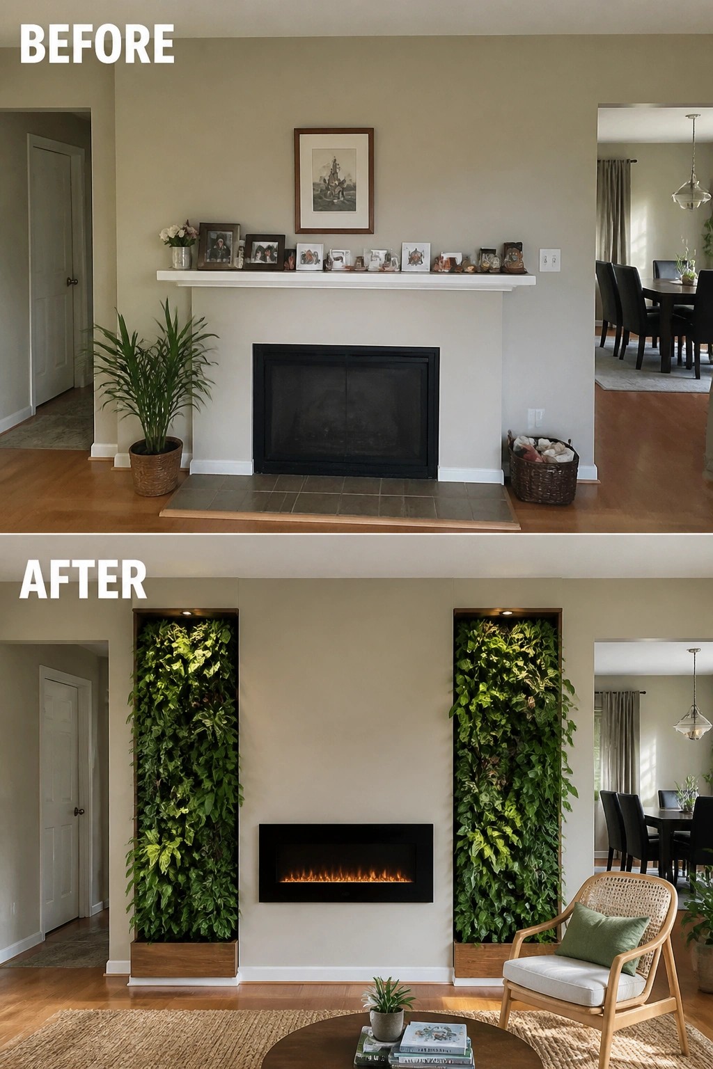 Before and after of fireplace remodel with flanking vertical plant walls.