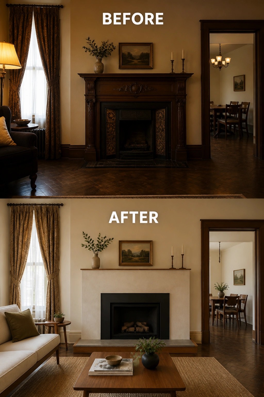 Before and after of living room fireplace from dark ornate wood to light minimalist style.