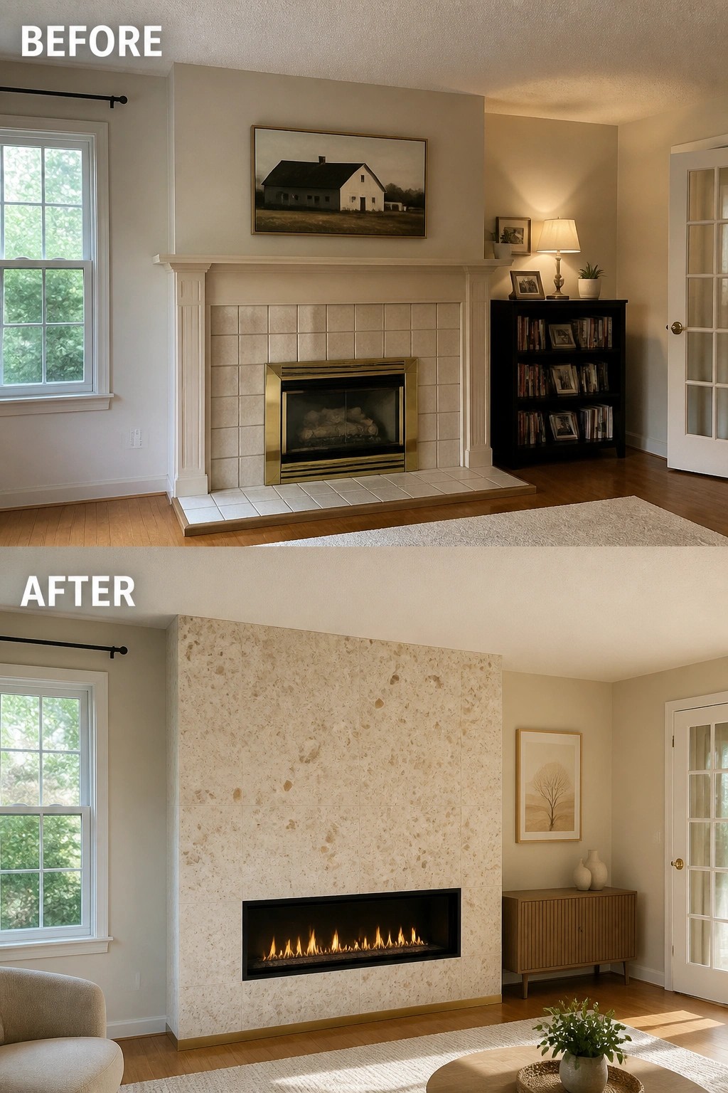 Before-and-after image of a living room fireplace wall updated from a traditional tiled surround with mantel to a full-height stone slab with a modern linear fireplace.