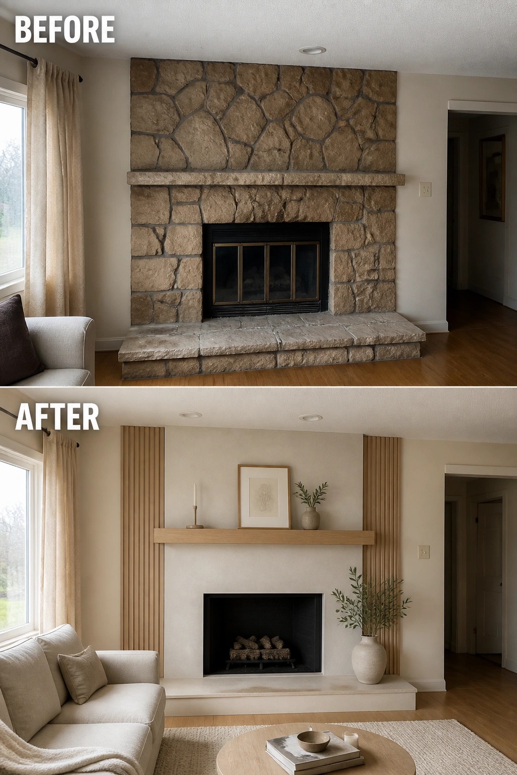Before and after of rustic stone fireplace transformed into modern minimalist design with wood accents