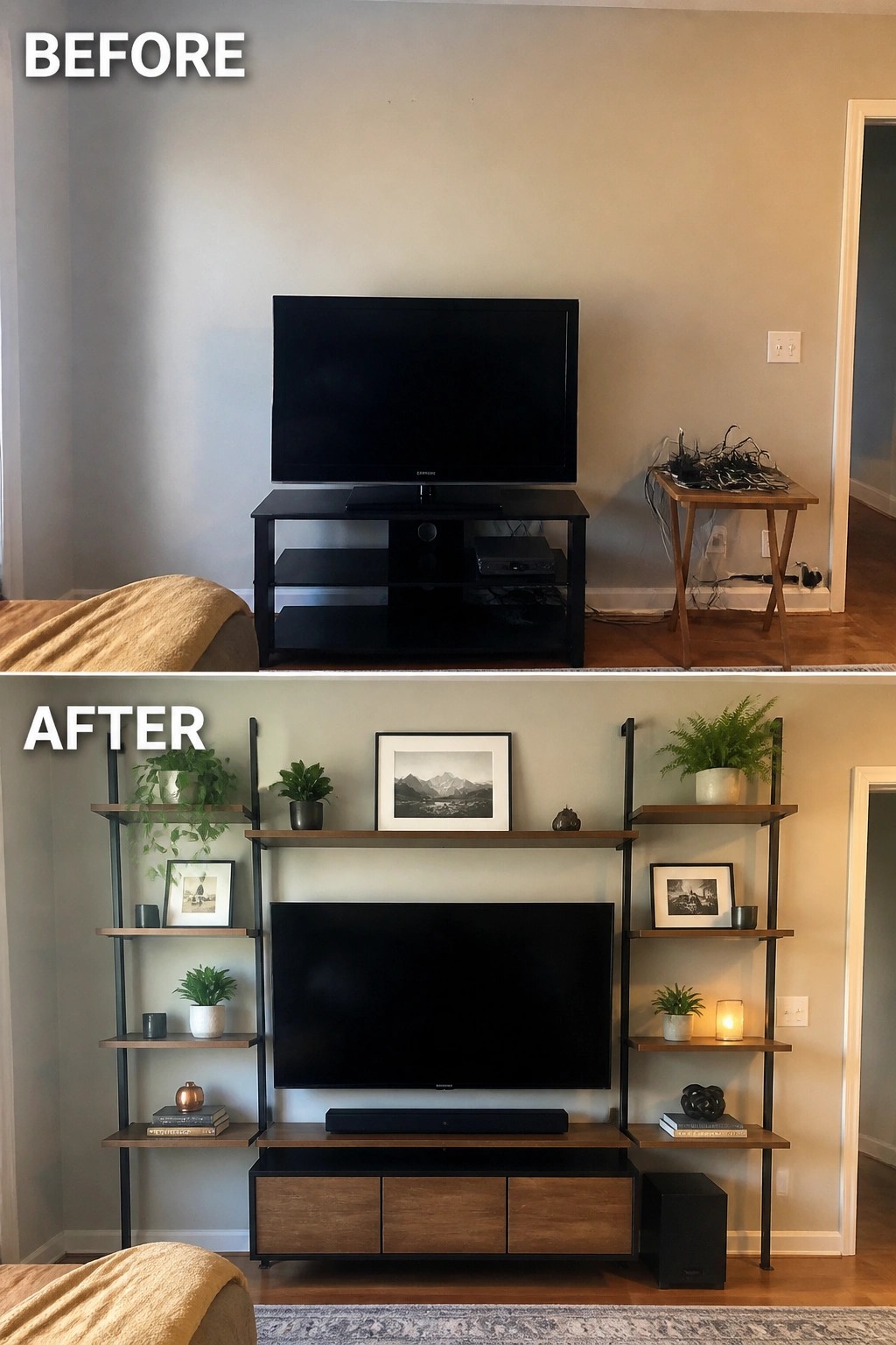 Before and after of living room TV wall with modern shelving and plants.