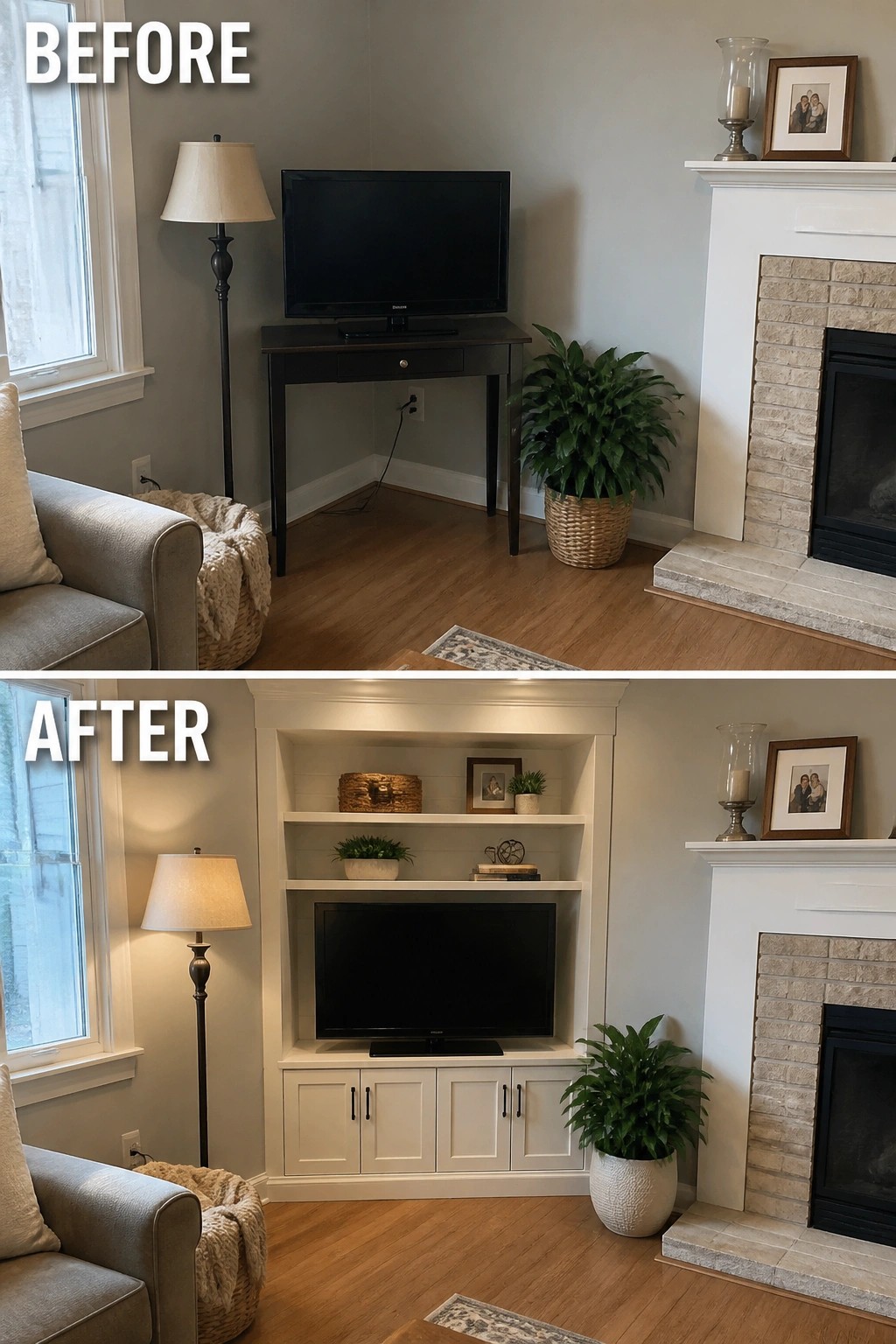 Before and after of living room with new white built-in TV entertainment center.