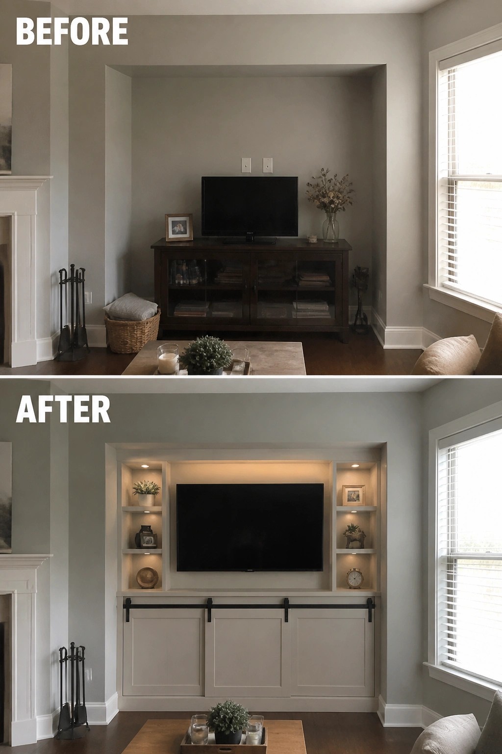 Before-and-after image of a living room media wall updated from a standalone console to built-in shelving, cabinets, and integrated lighting around the television.