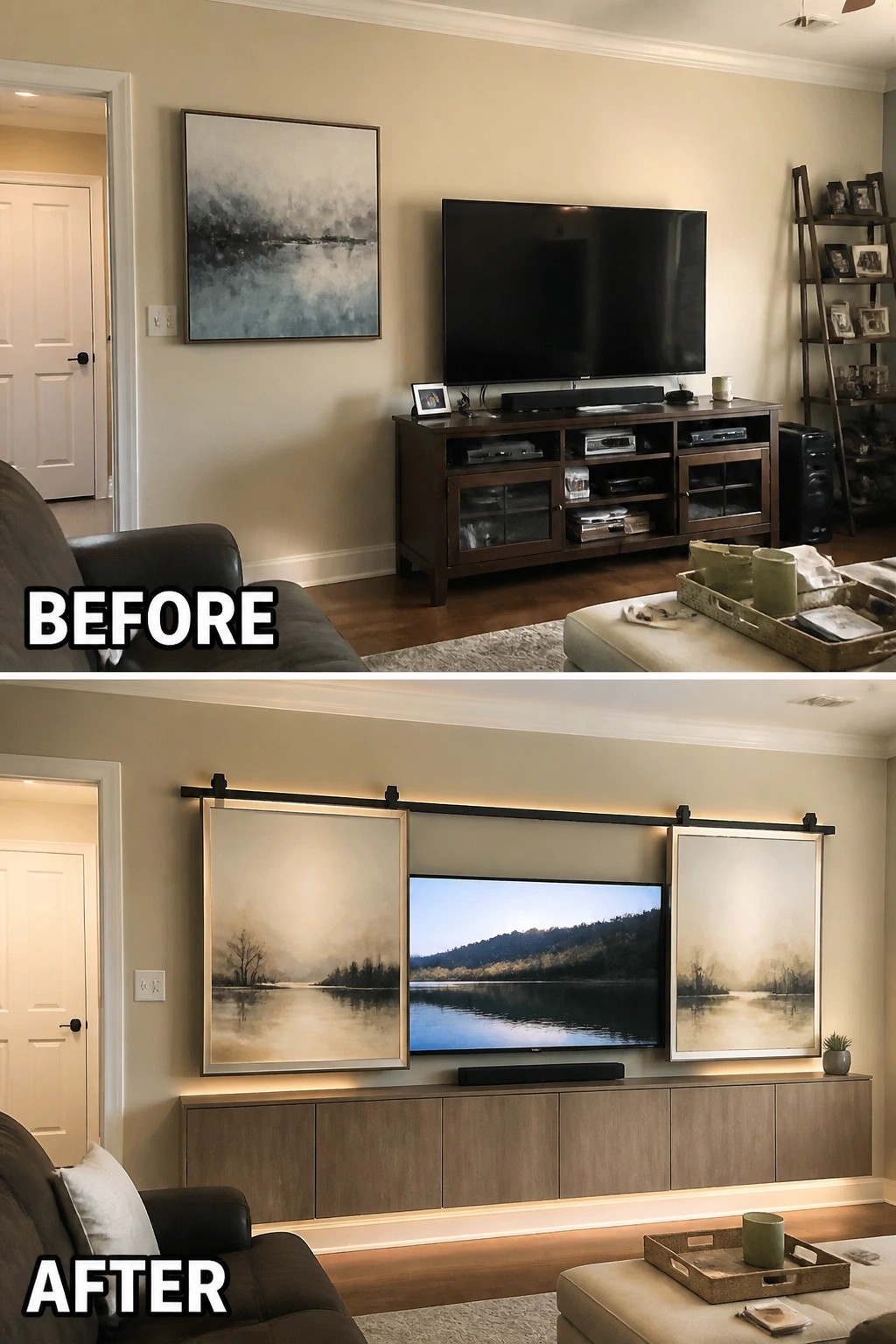 Before and after living room with TV on console versus wall-mounted with flanking art