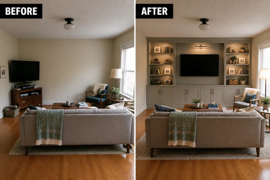 Before and after living room with new gray built-in shelves and cabinets around TV.