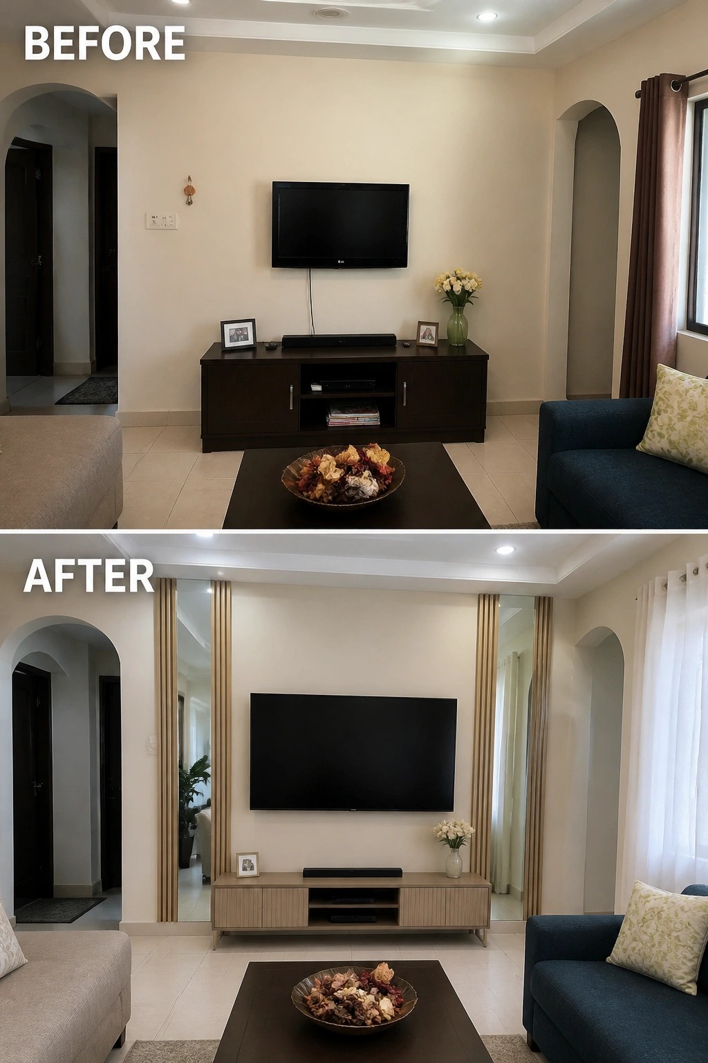 Before and after living room renovation with TV, console, and blue sofa.