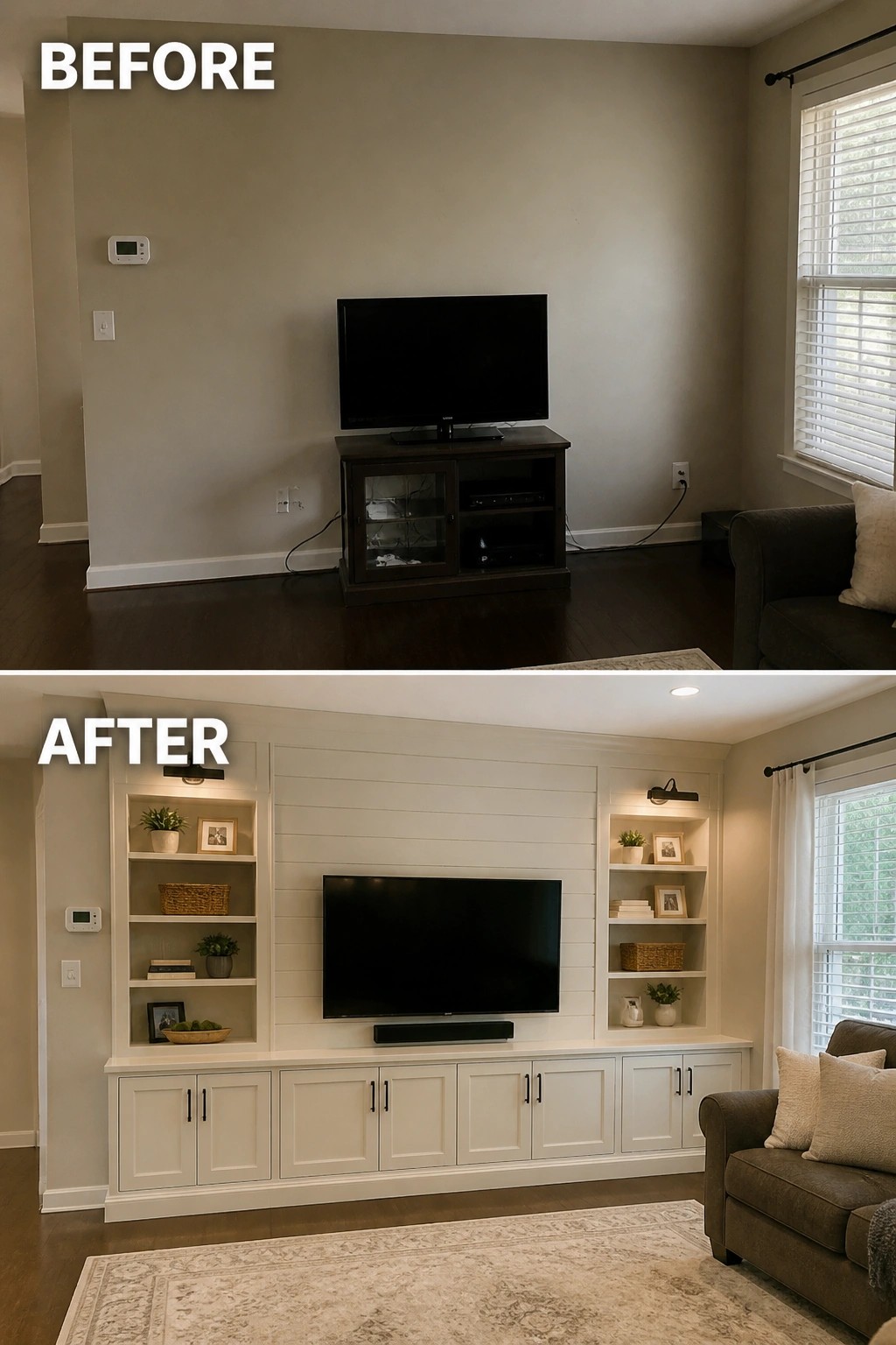 Before and after of living room TV wall transformed with white built-in shelves and cabinets.