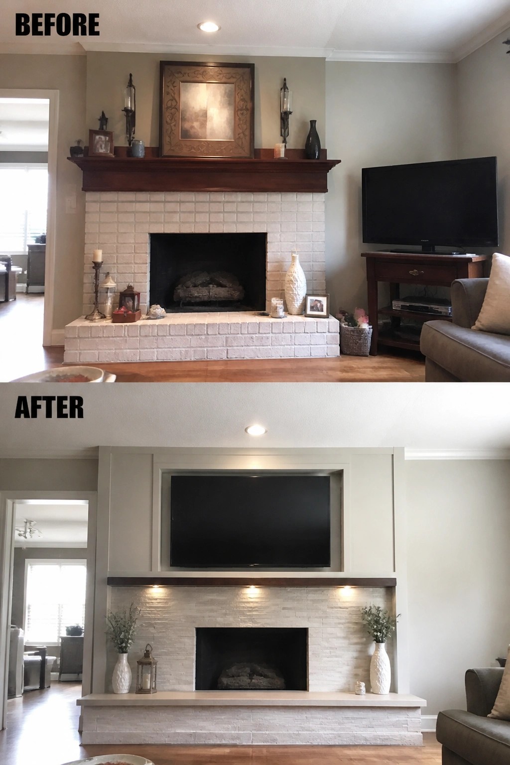 Before and after of fireplace renovation with TV mounted above modern mantel.