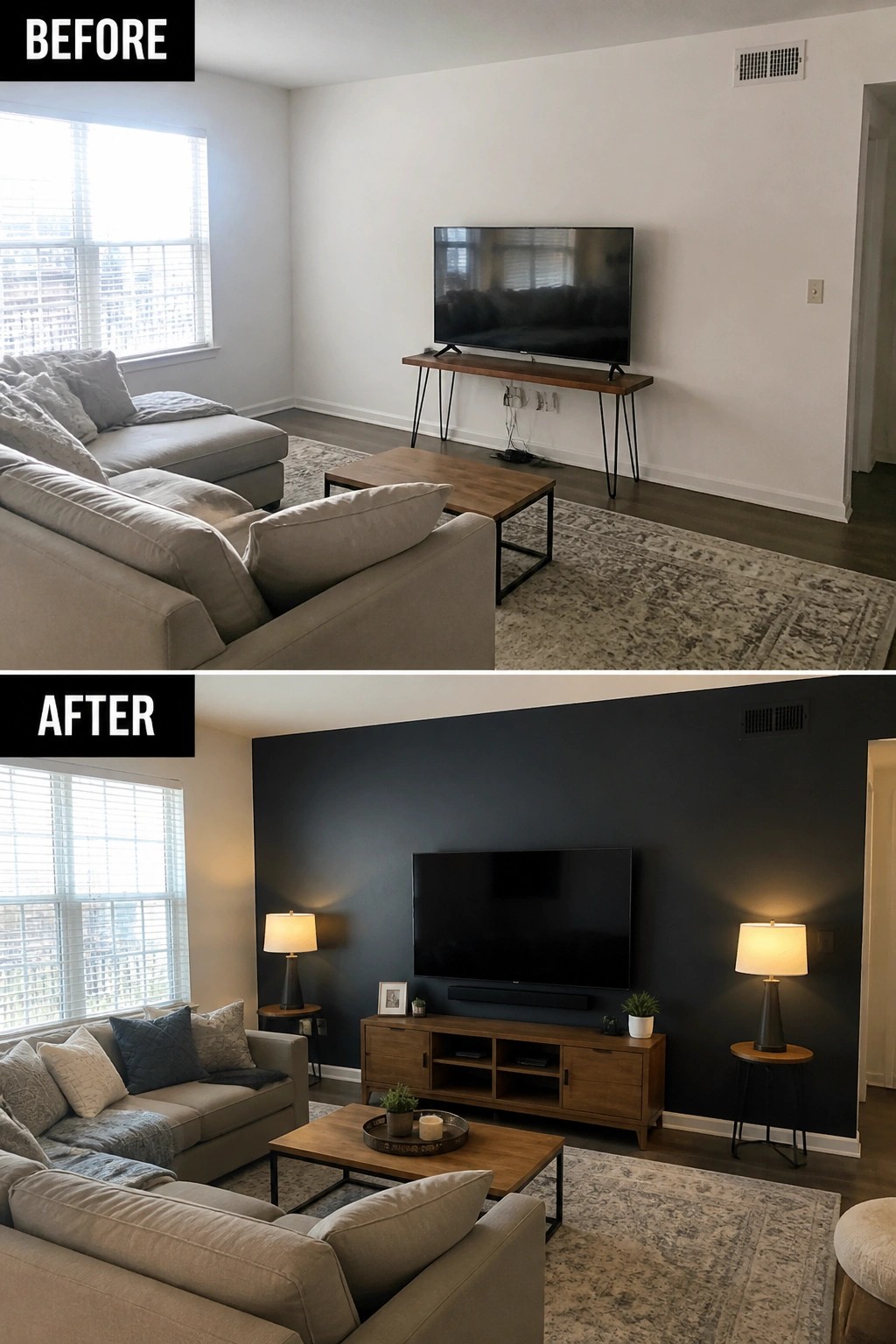 Before and after living room with dark navy accent wall and updated decor