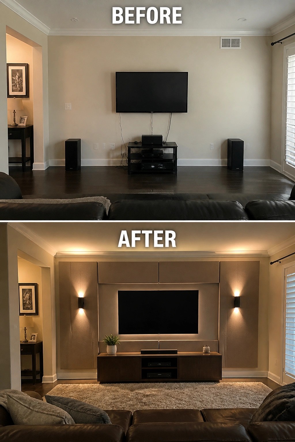 Before and after of living room media wall with modern paneling, sconces, and console.