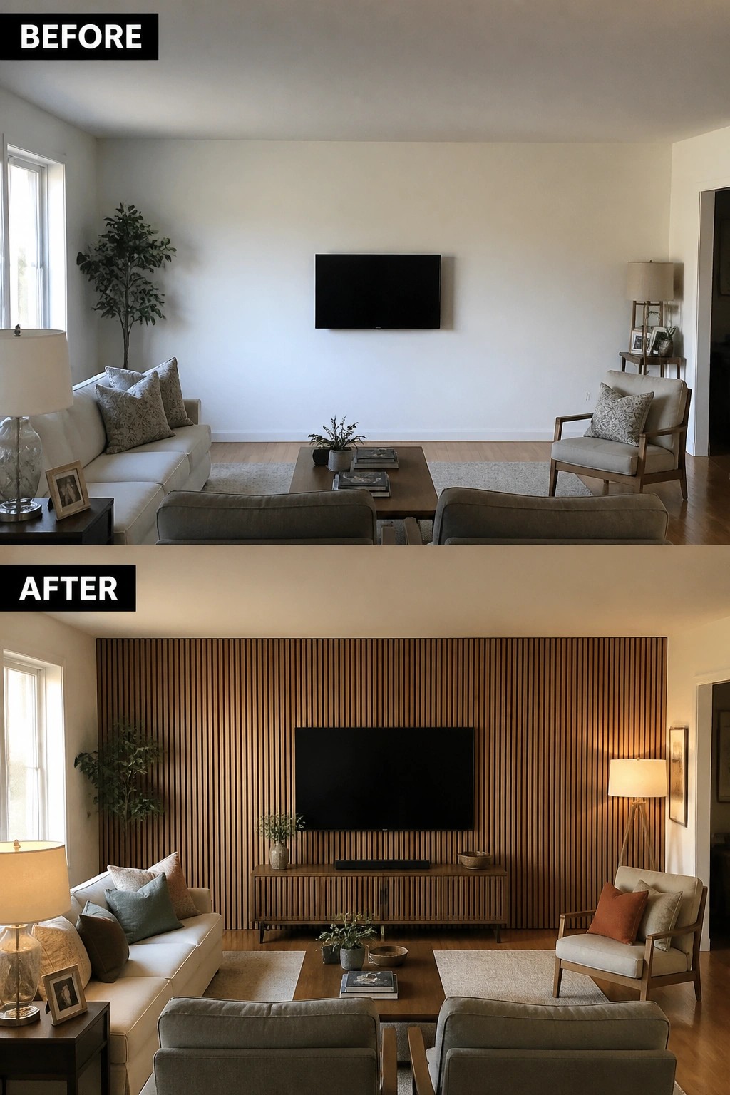 Before and after living room with added vertical wood accent wall behind TV.