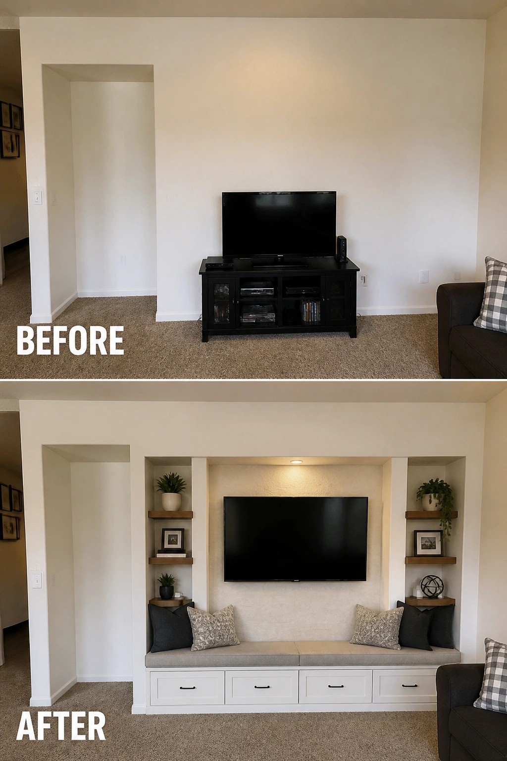 Before and after of TV wall transformed into built-in shelving unit with bench and storage.