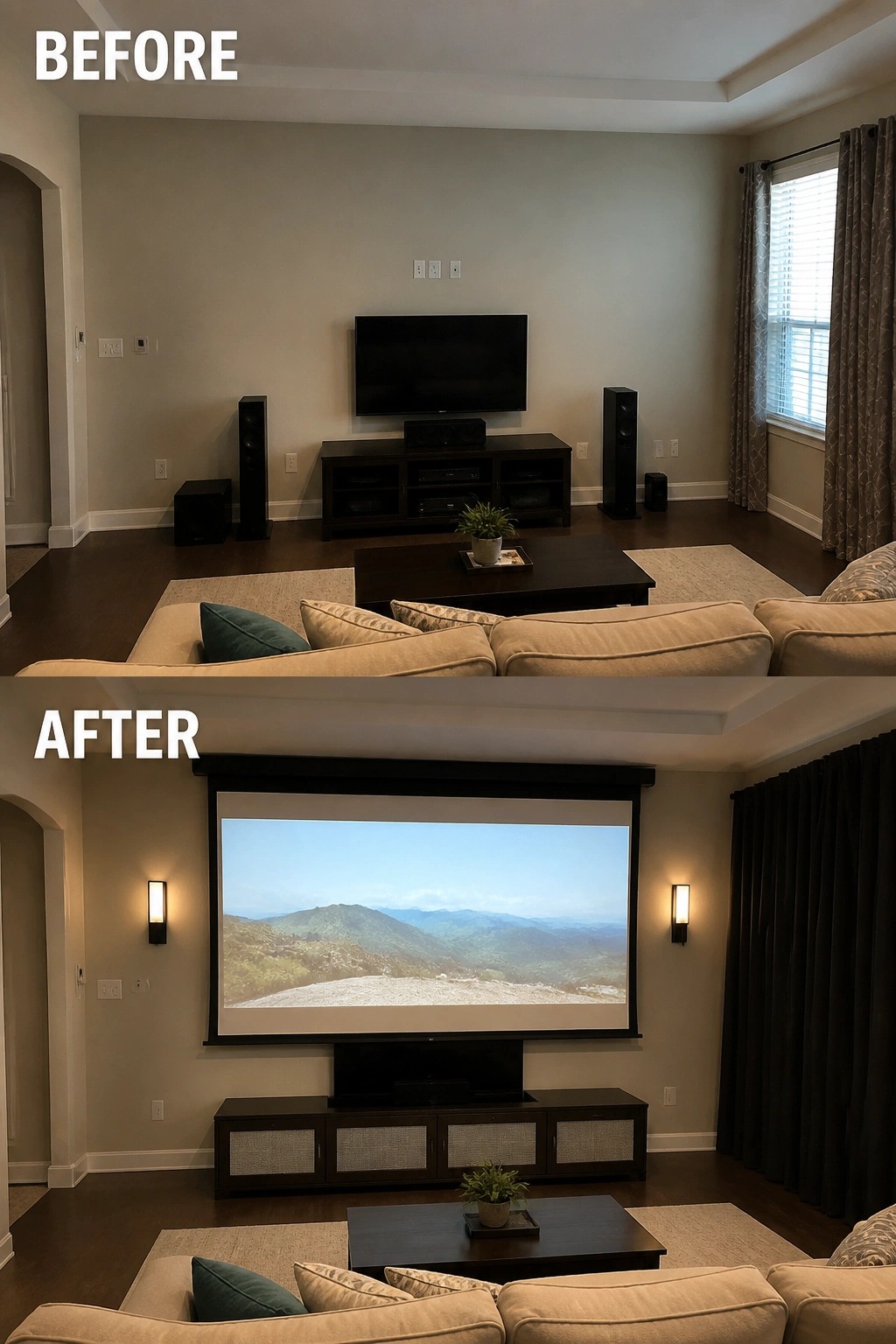 Before-and-after image of a living room media wall updated with a large projection screen and flanking wall sconces.