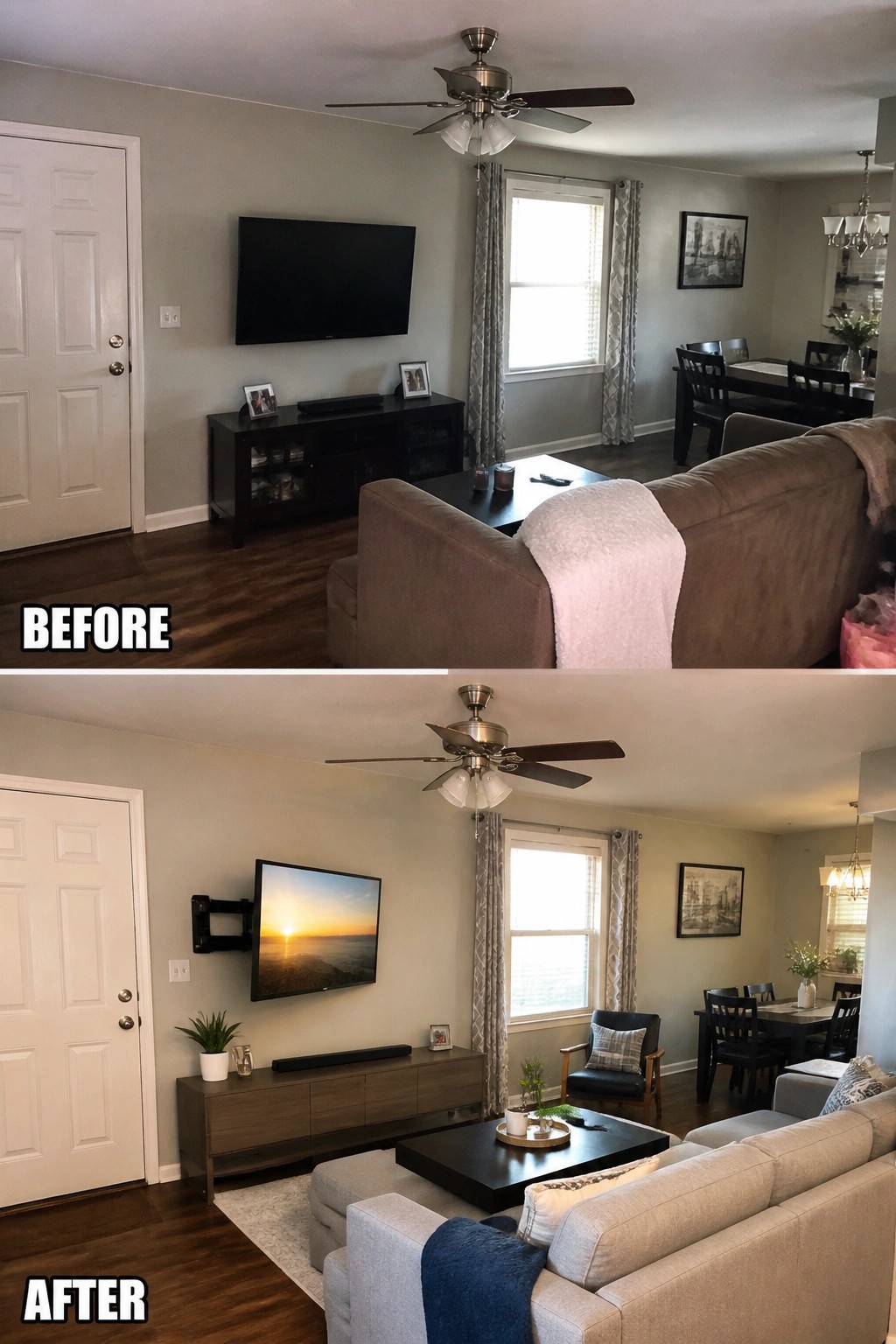 Before and after living room renovation with wall-mounted TV and new furniture arrangement.