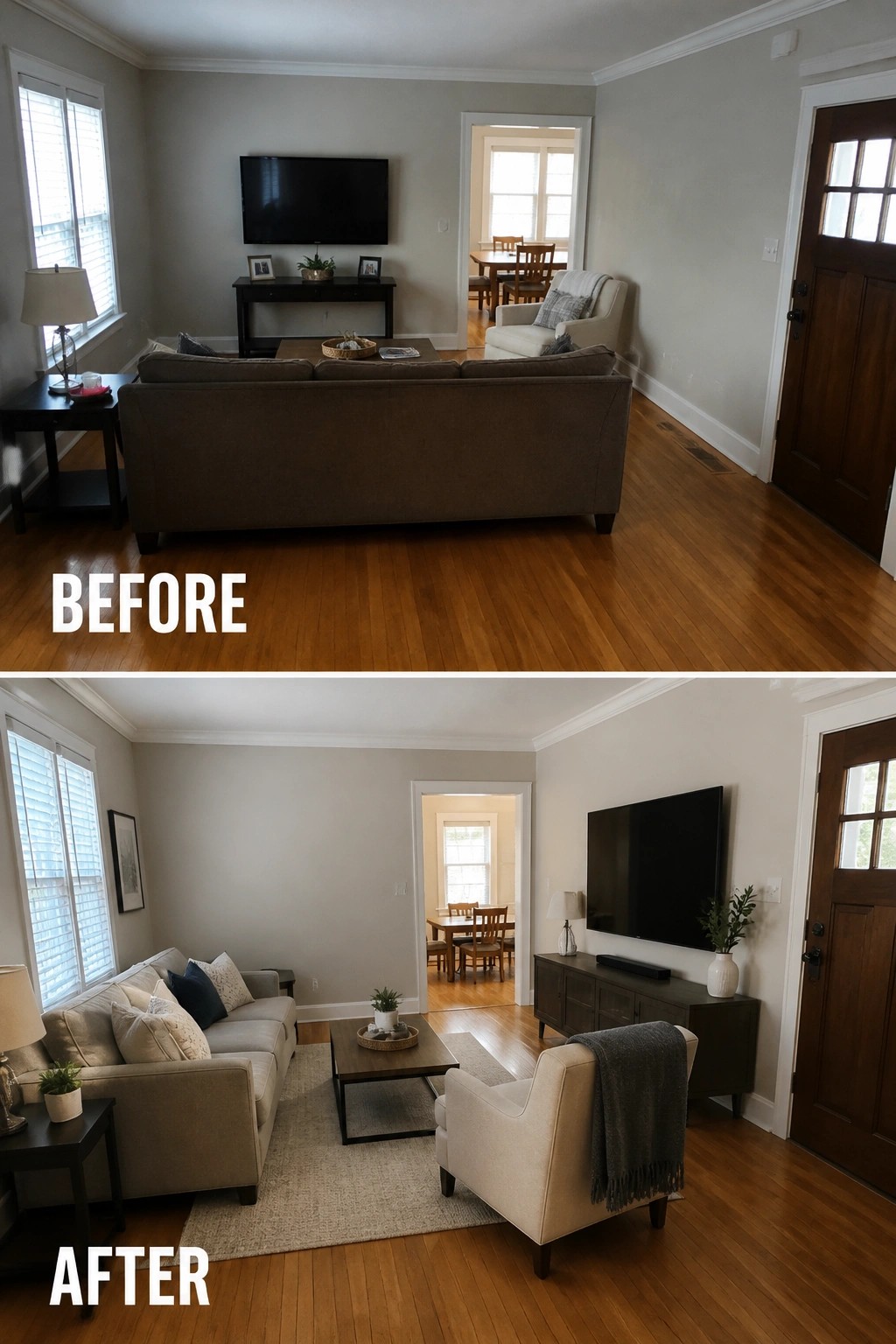Before and after living room with rearranged furniture, new sofa, and TV placement.