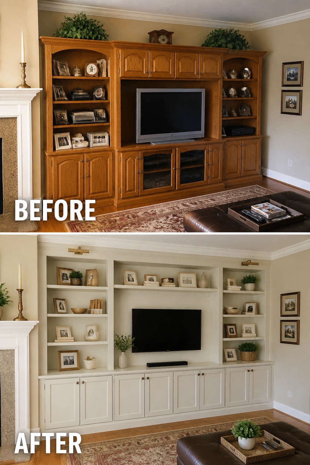 Before and after of dark wood entertainment center transformed into white built-in shelves.