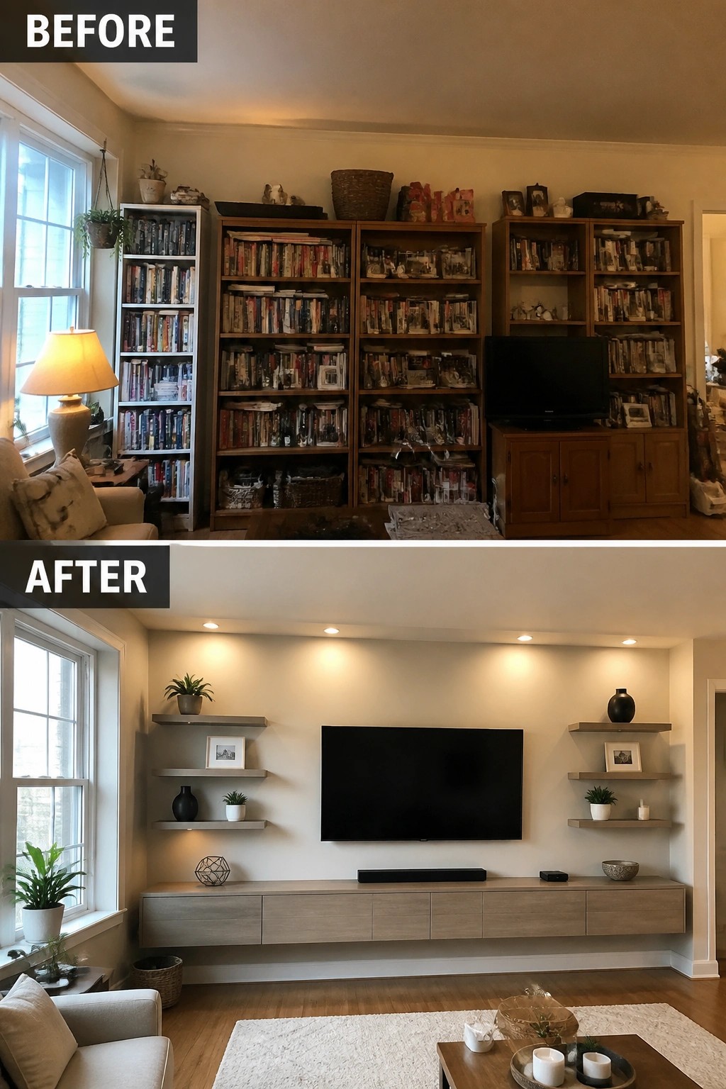 Before-and-after image of a living room media wall changing from tall cluttered bookshelves to a low console with floating shelves and centered television.