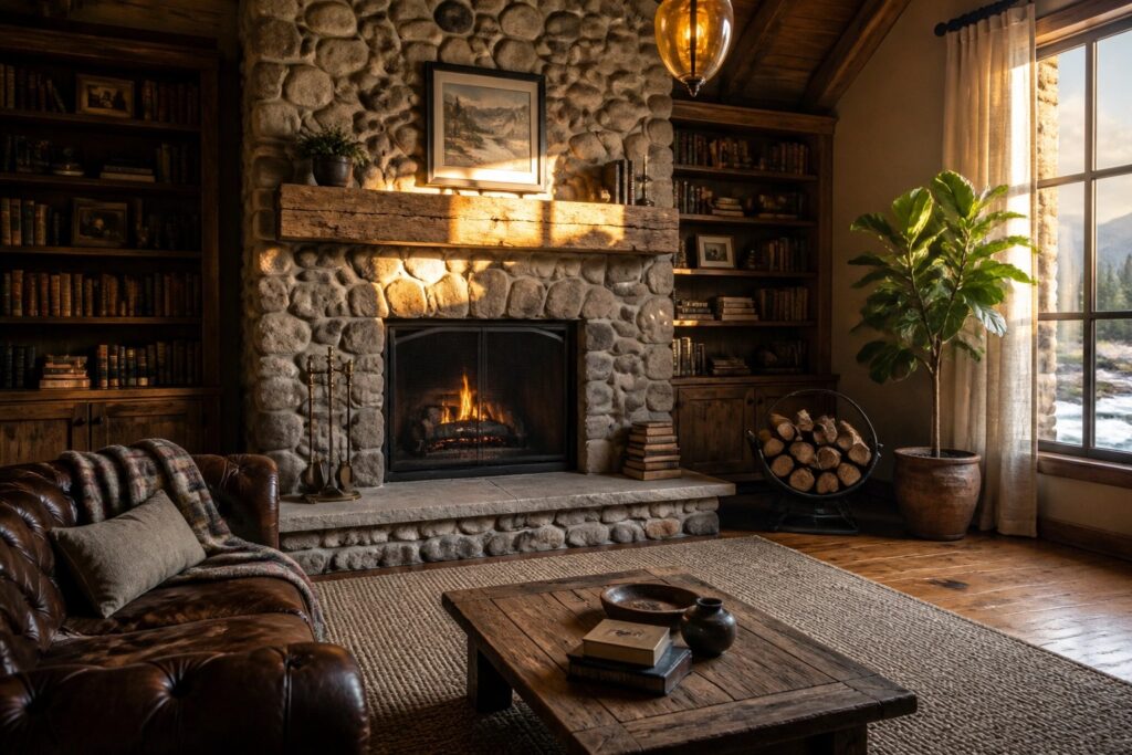 A large stone fireplace with a thick wooden mantel sits in a wood paneled room, flanked by built-in bookshelves and a brown leather sofa nearby.