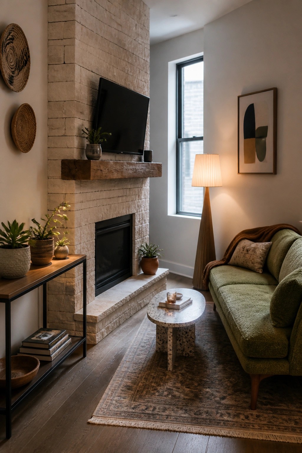 A living room shows a stacked stone fireplace with a reclaimed wood mantel, a television mounted above it, and a green sofa nearby.