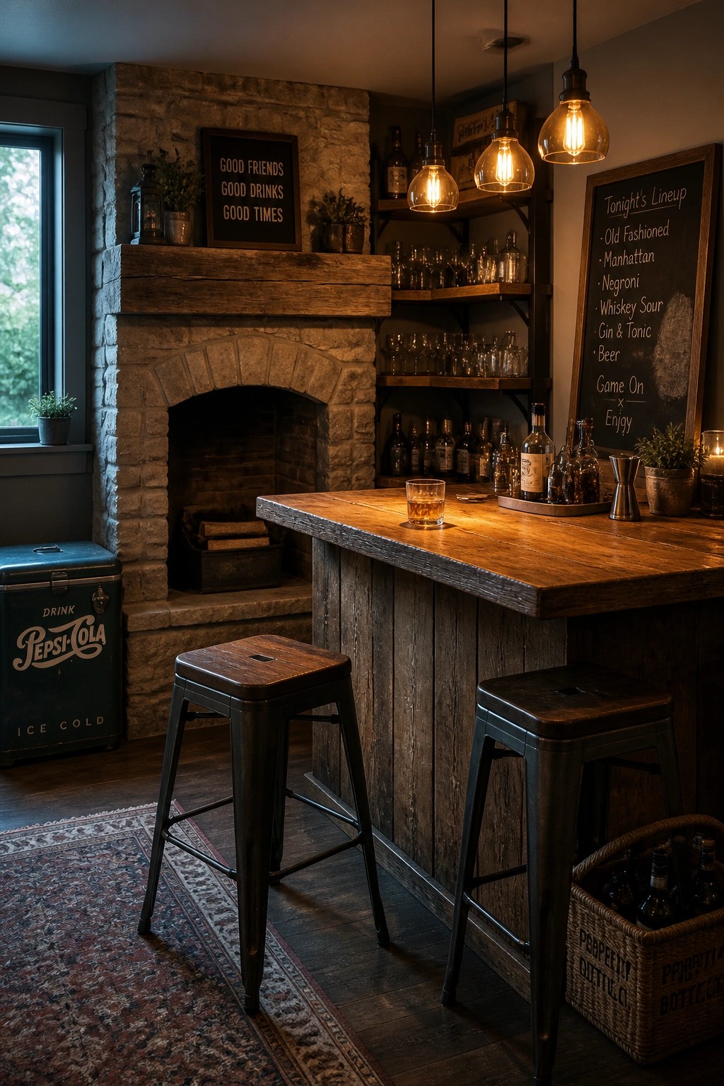 A rustic bar area with a large stone fireplace, reclaimed wood mantel, wooden bar counter, two metal stools, hanging pendant lights, and a chalkboard menu on the wall.