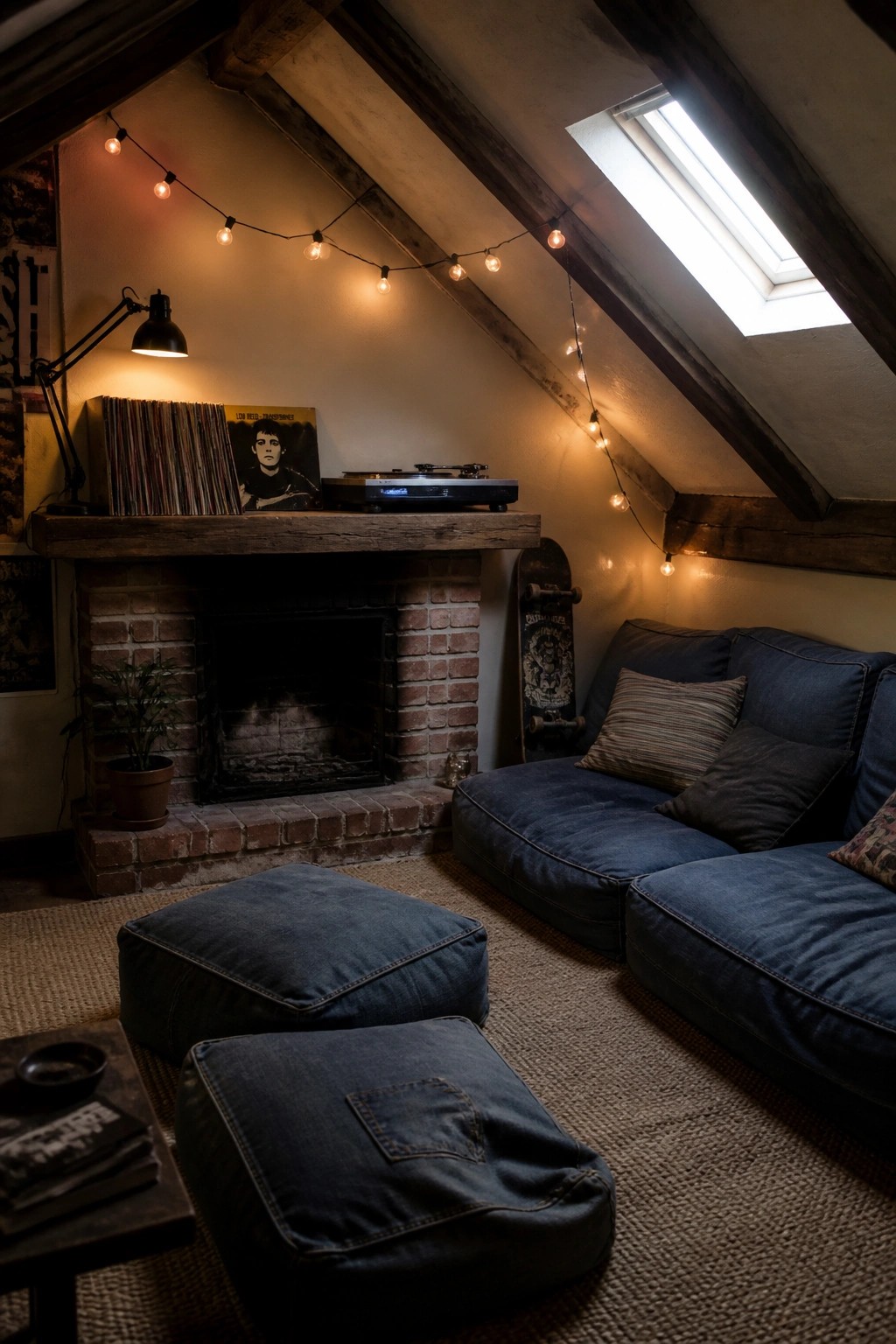 A brick fireplace with a reclaimed wood mantel holding vinyl records and a turntable inside an attic room with string lights and a blue sofa.