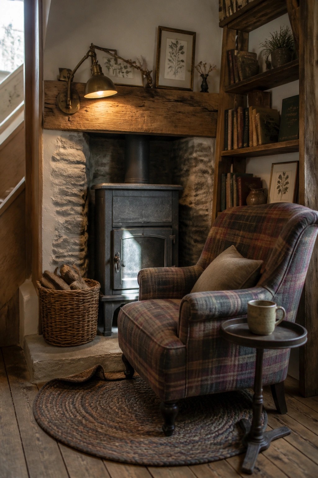 A stone fireplace with a dark wood stove, topped by a thick reclaimed timber mantel, next to a plaid armchair and a basket of firewood on a wooden floor.