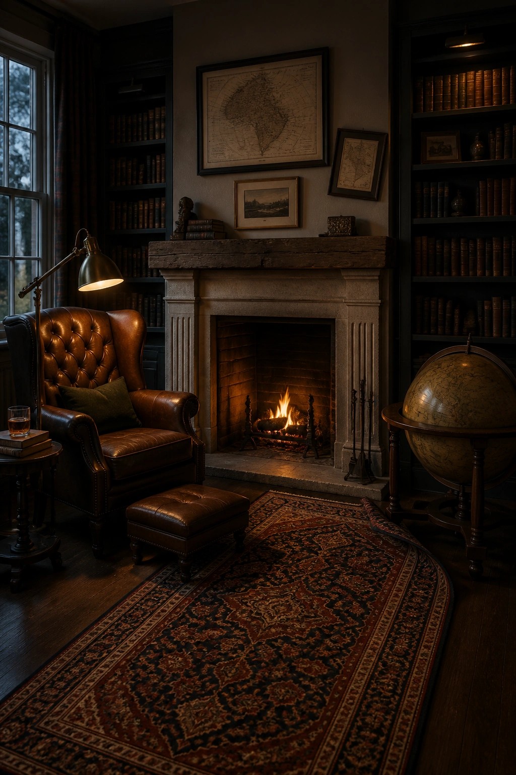 A rustic interior features a stone fireplace with a thick reclaimed wood mantel, a lit fire, a brown leather armchair with a floor lamp, bookshelves, and a patterned rug on dark wood flooring.
