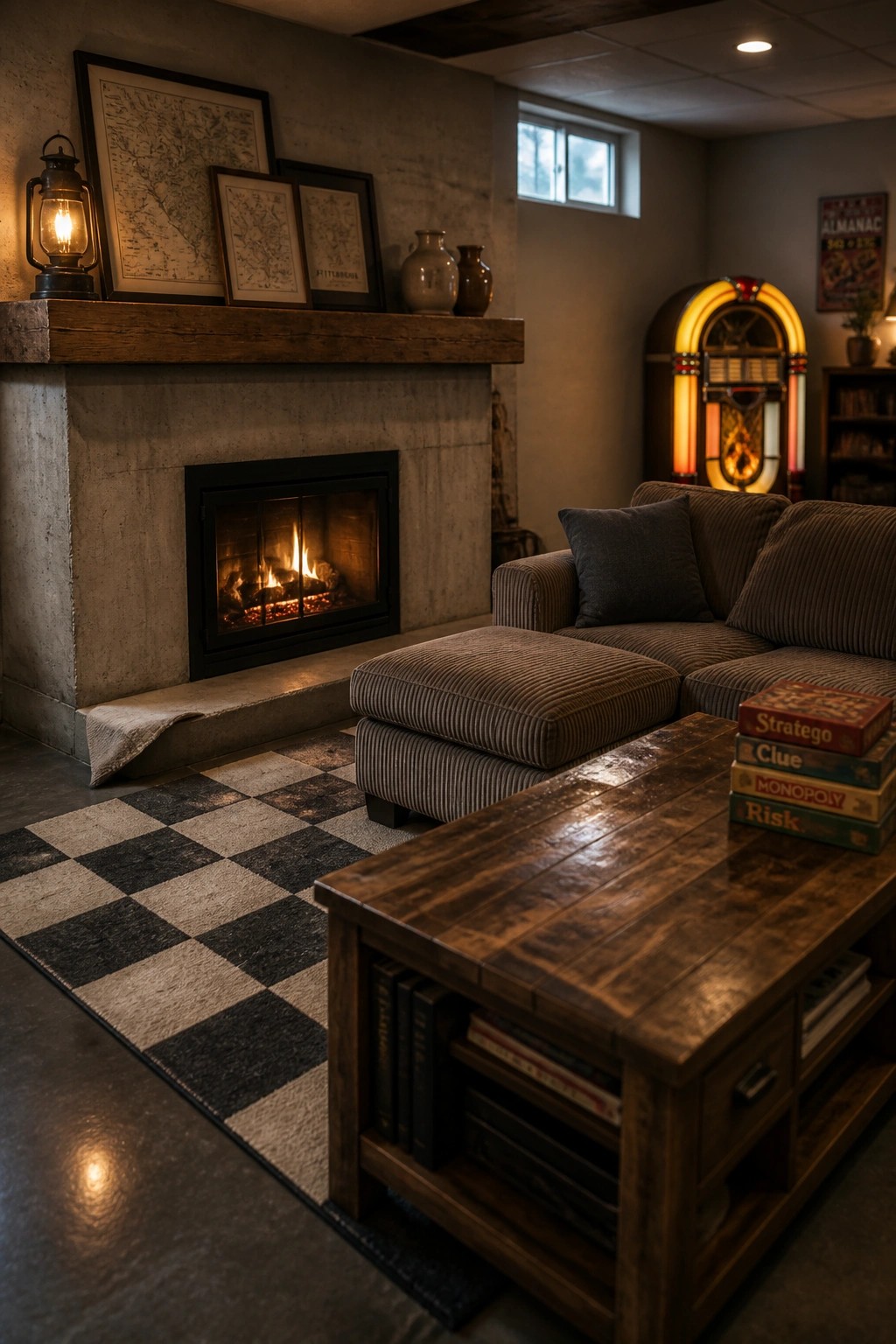 Cozy den with burning fireplace, checkered rug, brown sofa, and board games on table