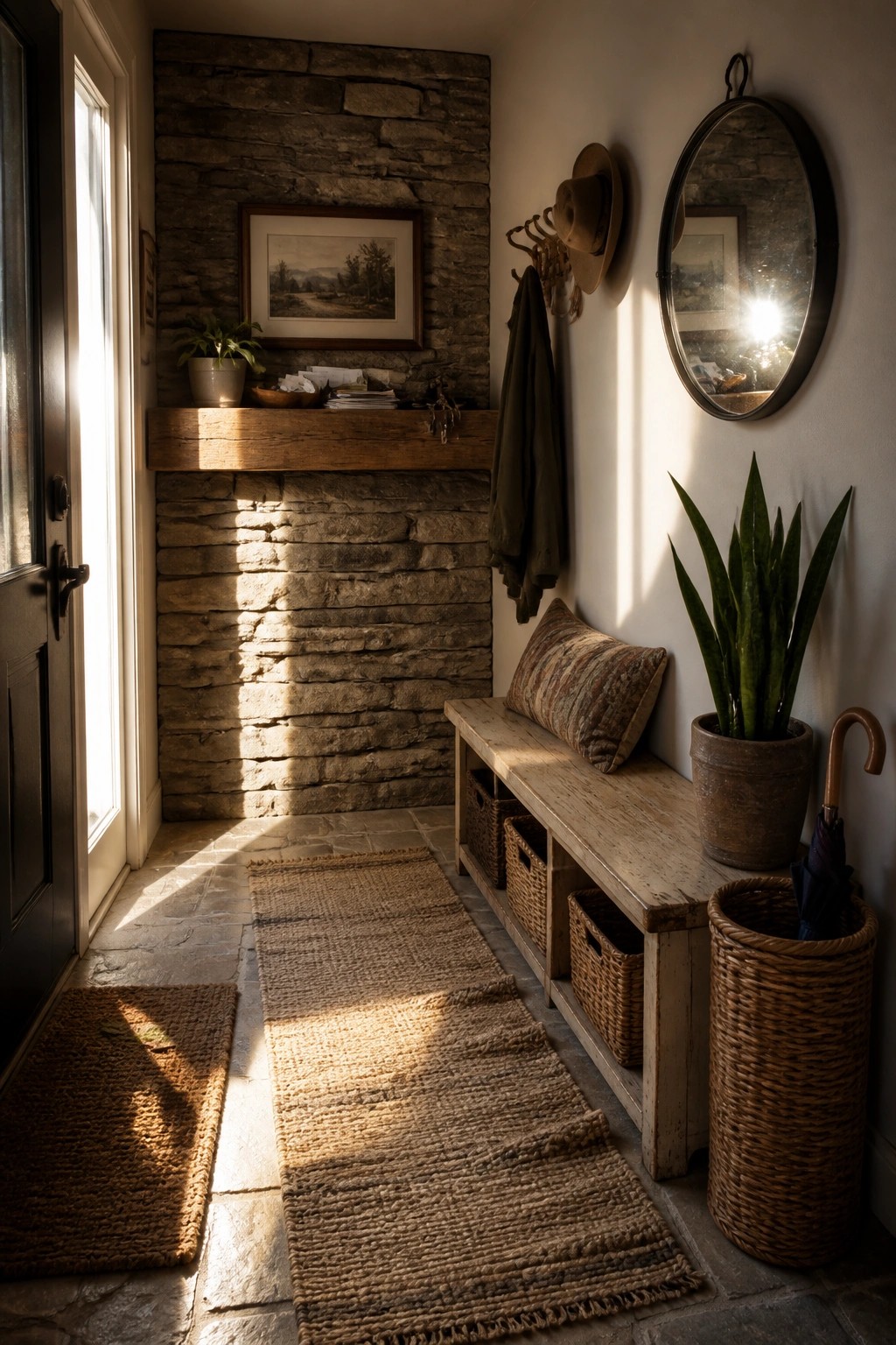 A rustic interior with a tall stone wall holding a wooden shelf, framed artwork, and a potted plant, next to a wooden bench with storage baskets and a large round mirror.