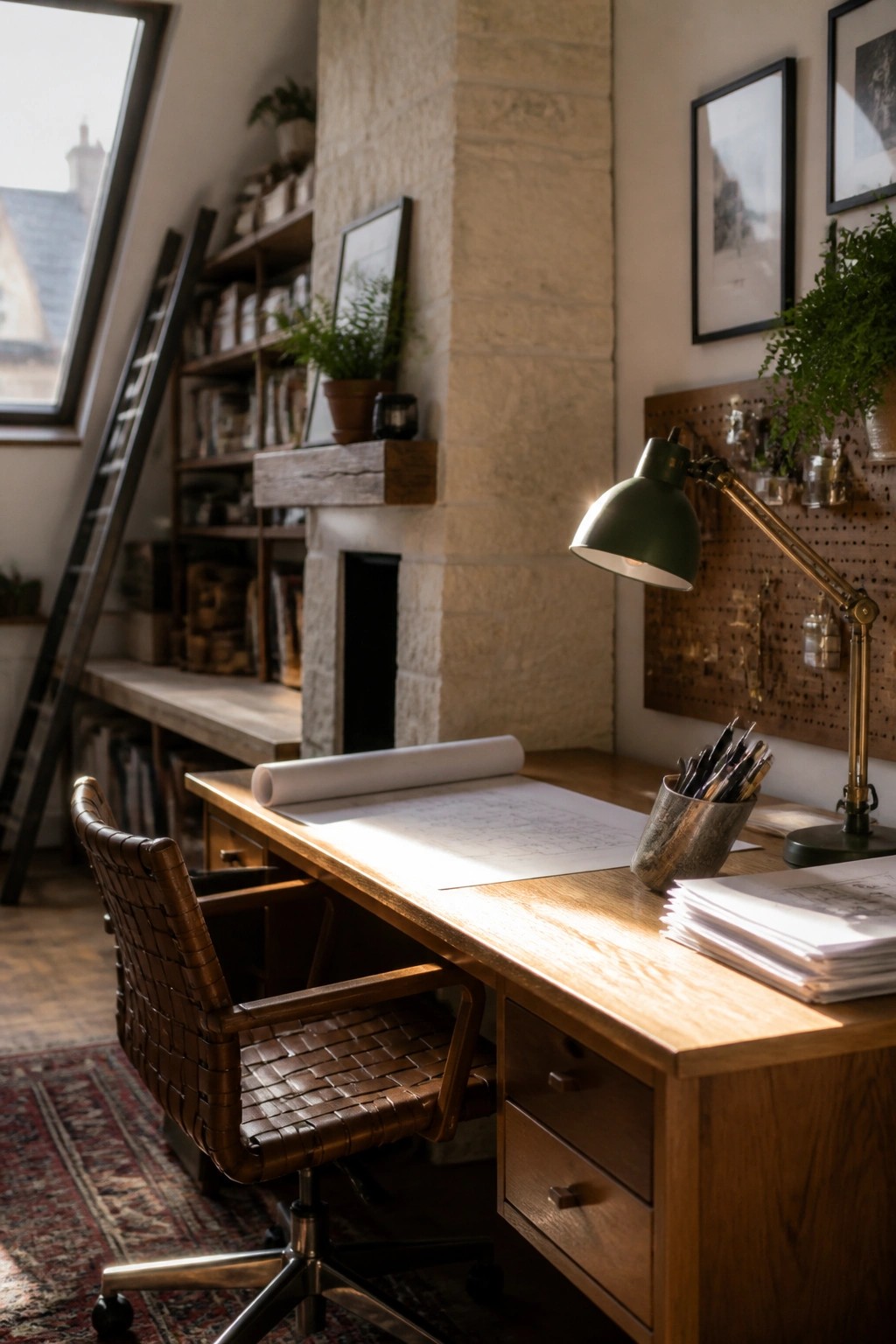 A wooden desk faces a stone fireplace with reclaimed timber bookshelves and a ladder to the left.