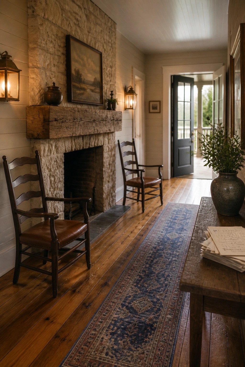 A stone fireplace with a thick reclaimed wood mantel sits in a room with wood floors, two wooden armchairs, a patterned runner rug, and an open door leading outside.