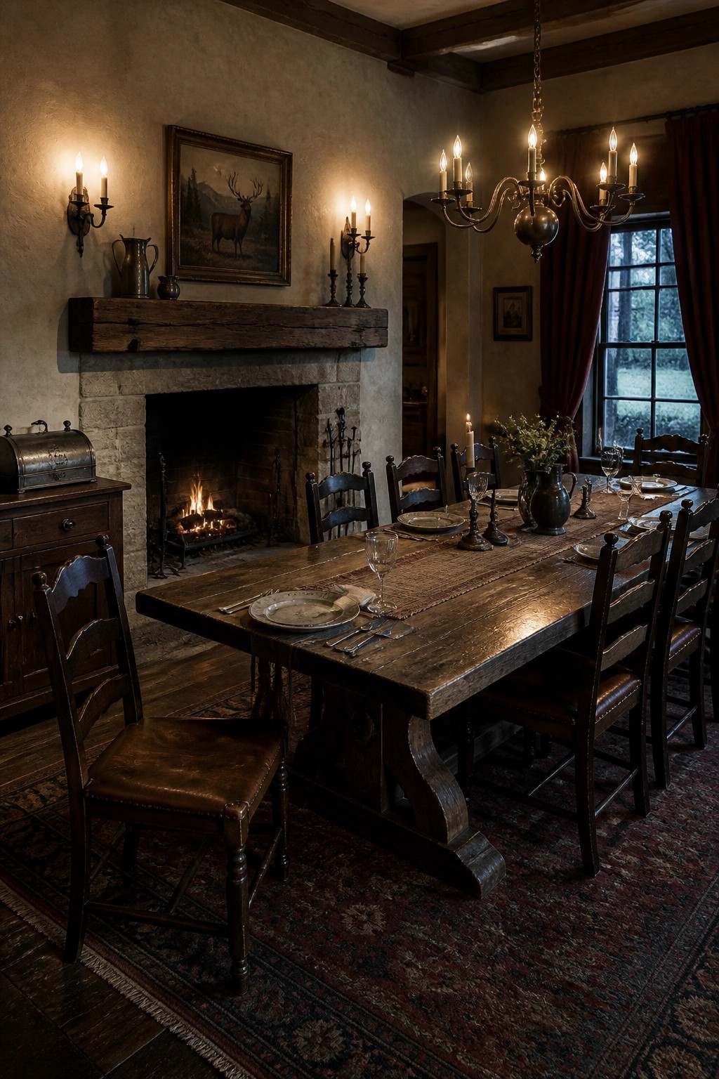 A rustic dining room with a large stone fireplace, reclaimed wood mantel, and a long wooden dining table set with plates and glassware.