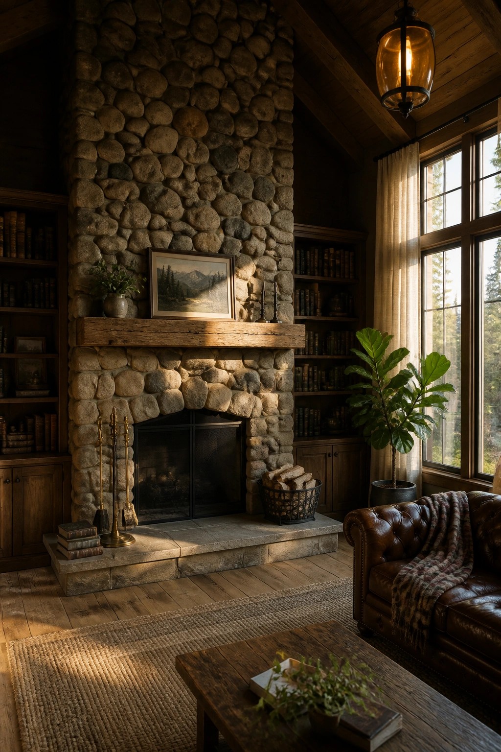 A large stone fireplace with a thick wooden mantel sits in a wood paneled room, flanked by built-in bookshelves and a brown leather sofa nearby.
