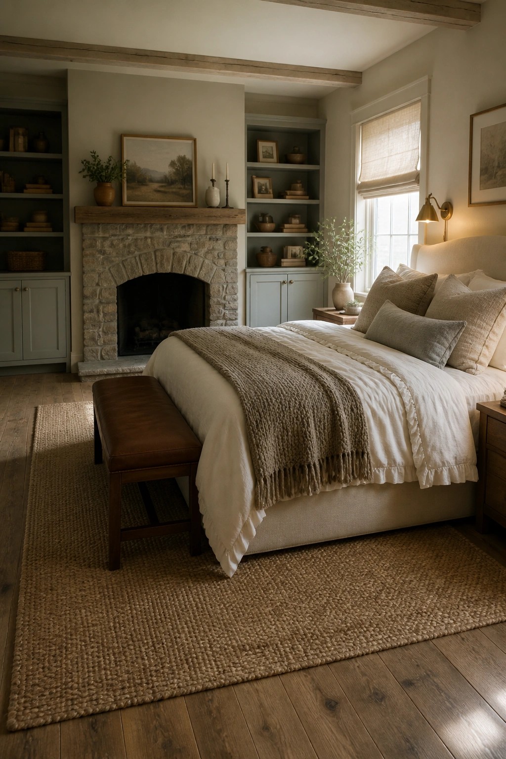 A bedroom with a large stone fireplace, a bed with white bedding and a brown throw, built-in shelves, and wood flooring.