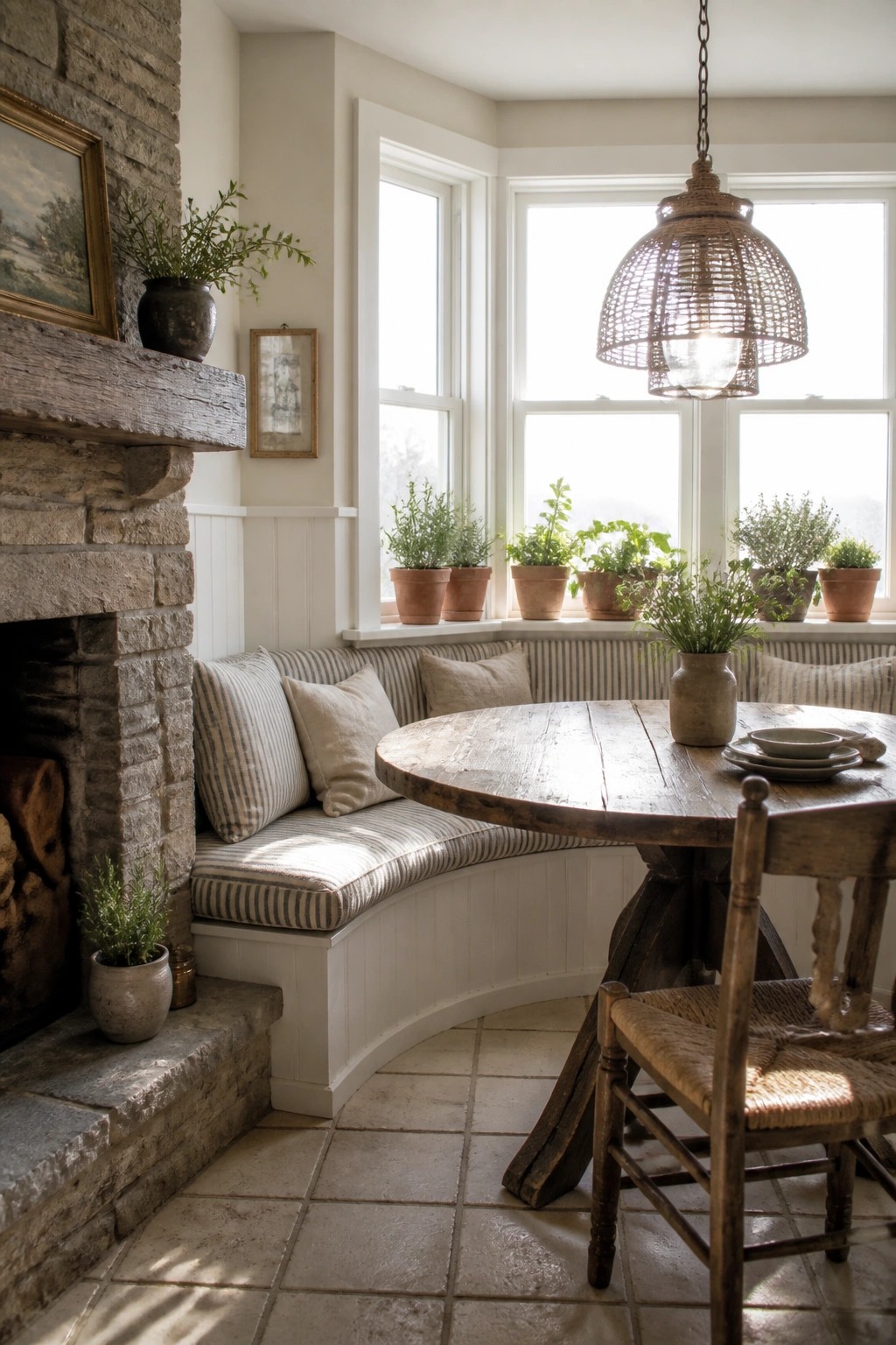 A rustic interior shows a stone fireplace beside a curved built-in bench with striped cushions, a round wooden table, and potted plants along a row of windows.