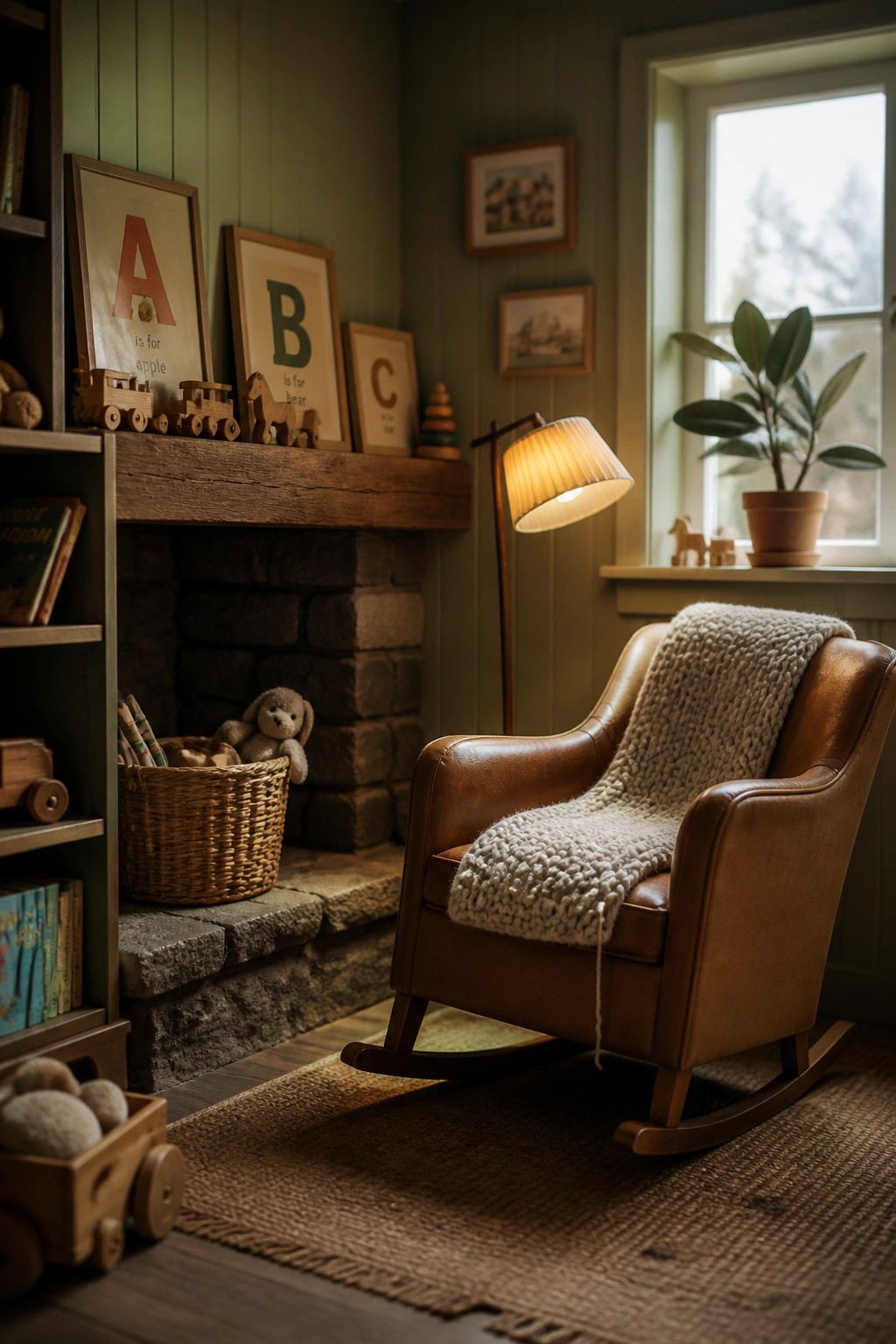 A cozy interior with a stone fireplace, reclaimed wood mantel, brown leather rocking chair with knit blanket, and children's toys on shelves and in baskets.