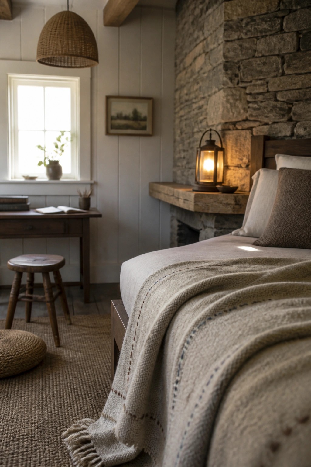 A rustic bedroom interior with a stone fireplace, reclaimed wood mantel, bed with neutral bedding, and a wooden desk near a window.