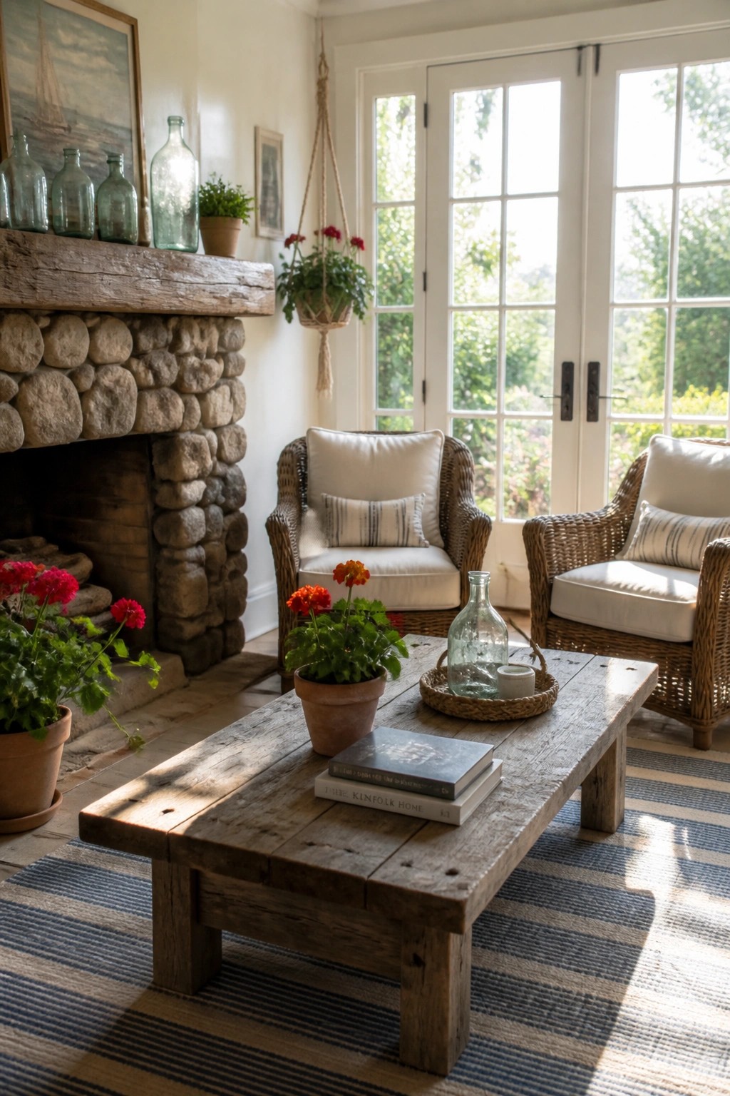 A rustic living room shows a stone fireplace with a reclaimed wood mantel, two wicker chairs with white cushions, a wooden coffee table on a striped rug, and French doors in the background.